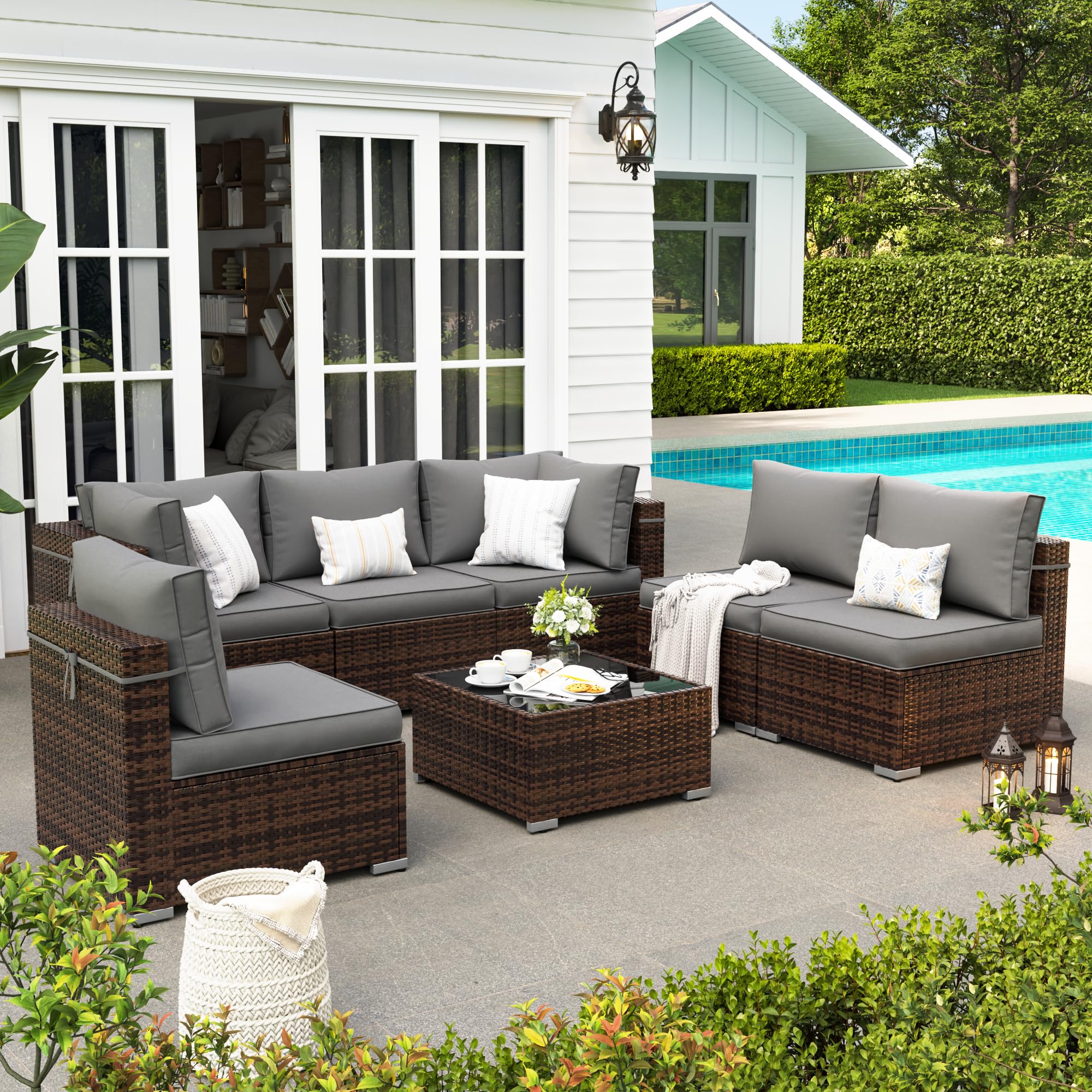 7-Piece Outdoor Patio Furniture Set with Waterproof Cover - All-Weather Wicker Sectional Sofa with Brown Frame & Gray Cushions - Perfect for Backyard, Garden, Poolside or Deck Relaxation
