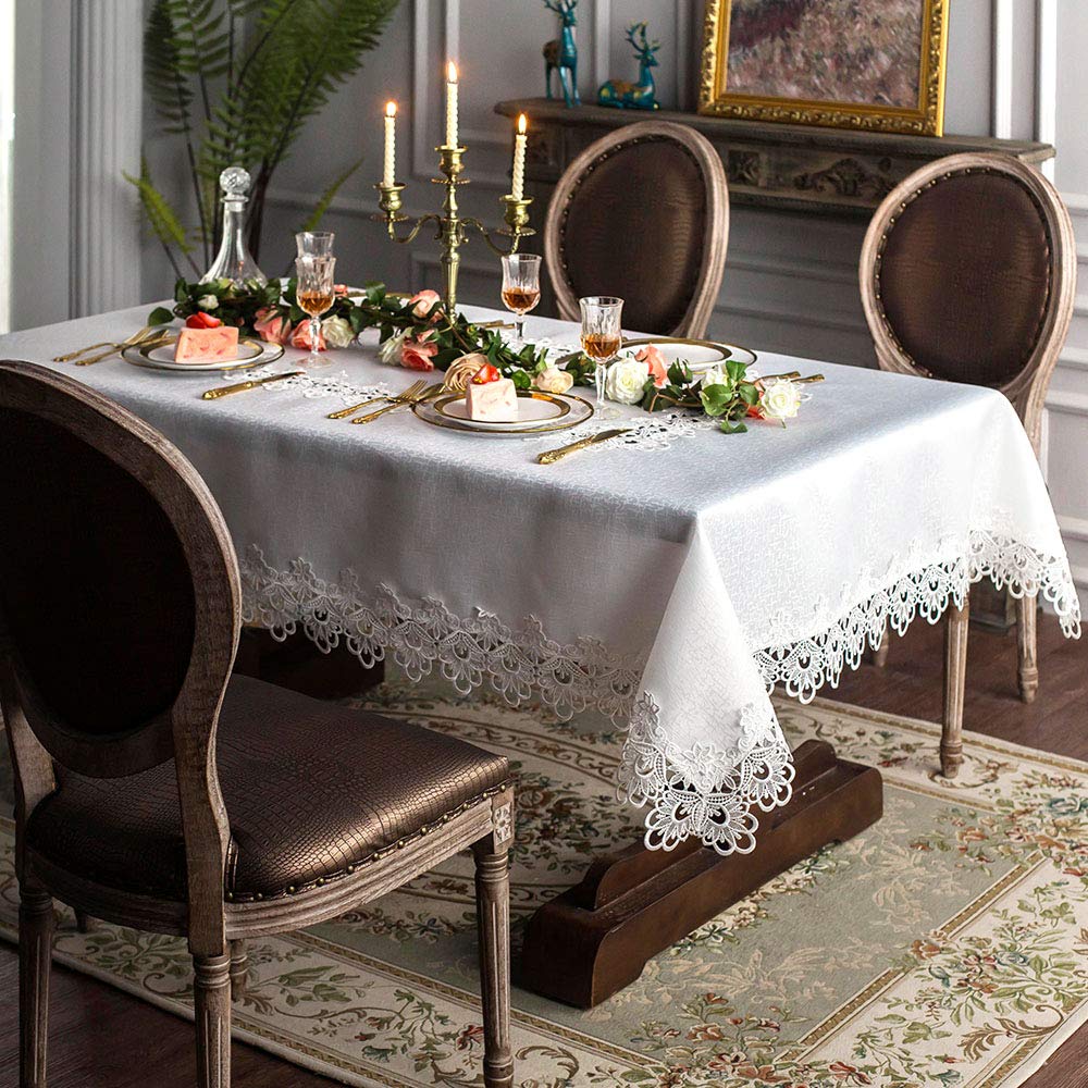 ARTABLE Rectangular Lace Fabric Tablecloth with Macrame Border - Elegant Embroidered Kitchen Table Cover for Holiday & Dinner Parties (52