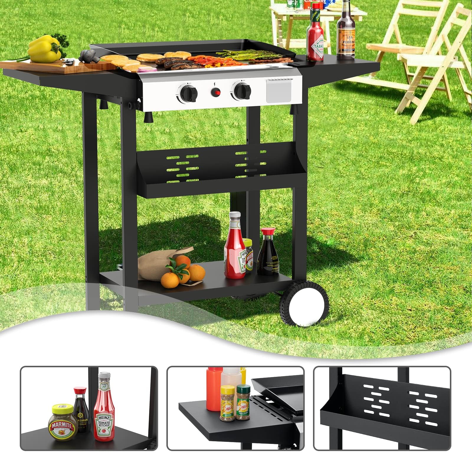 SKOK 2 Burner Gas Griddle - 17 Inch Outdoor Propane Griddle with 20,000 BTU - Portable Flat Top Gas Grill for Camping, BBQ, Tailgating & Backyard Cooking - Includes Side Shelves for Kitchen & Outdoor Use
