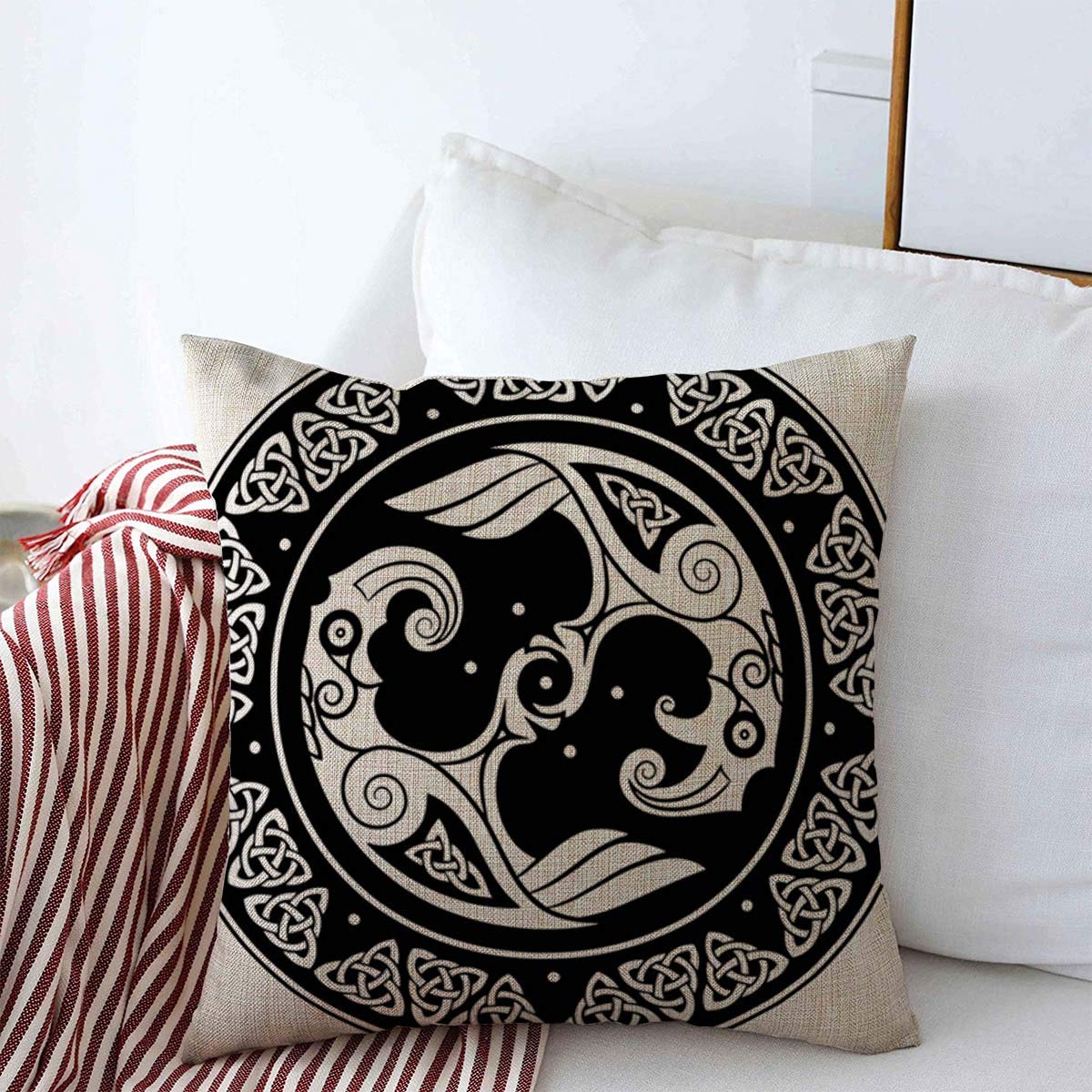 Nordic Norse Viking Shield Decorative Pillow Cover 18x18 Inches - Scandinavian Pattern with Ravens & Valhalla Design for Farmhouse Decor - Perfect for Bed, Couch, Sofa & Living Room Home Decor