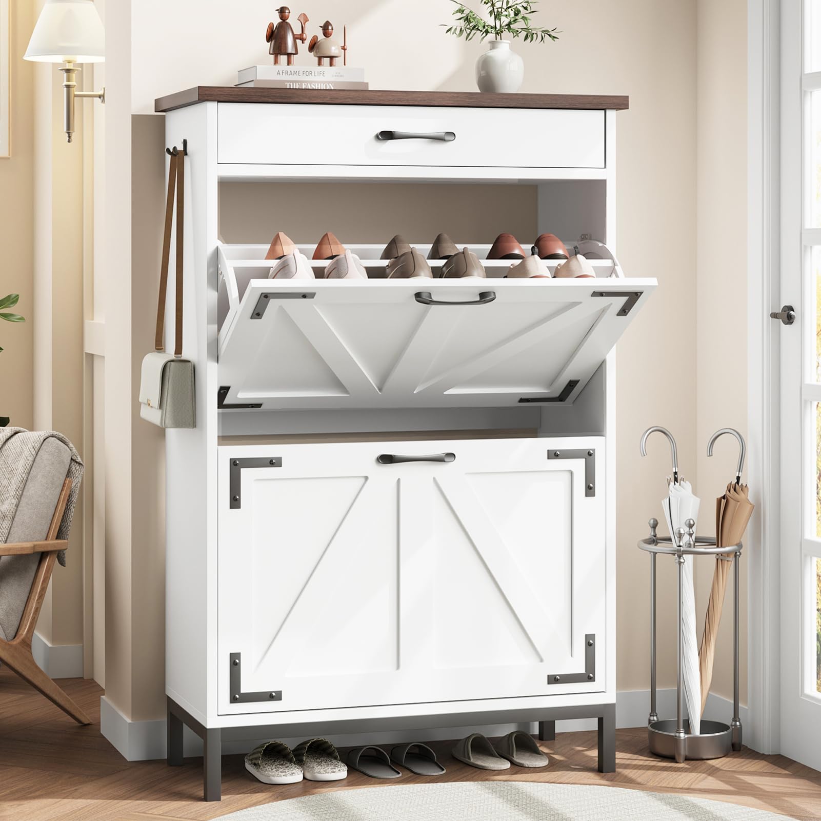 Farmhouse Style White Shoe Cabinet with 2 Flip Drawers - Narrow Entryway Shoe Storage Organizer for Hallway, Foyer & Door Entry - Free Standing Hidden Shoe Storage Cabinet (Perfect for Small Spaces & Apartment Living)