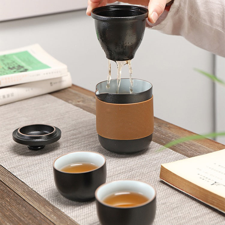 Premium Black Ceramic Travel Tea Set with Insulated Handbag - Portable Tea Accessories for Camping, Office & Outdoor Adventures