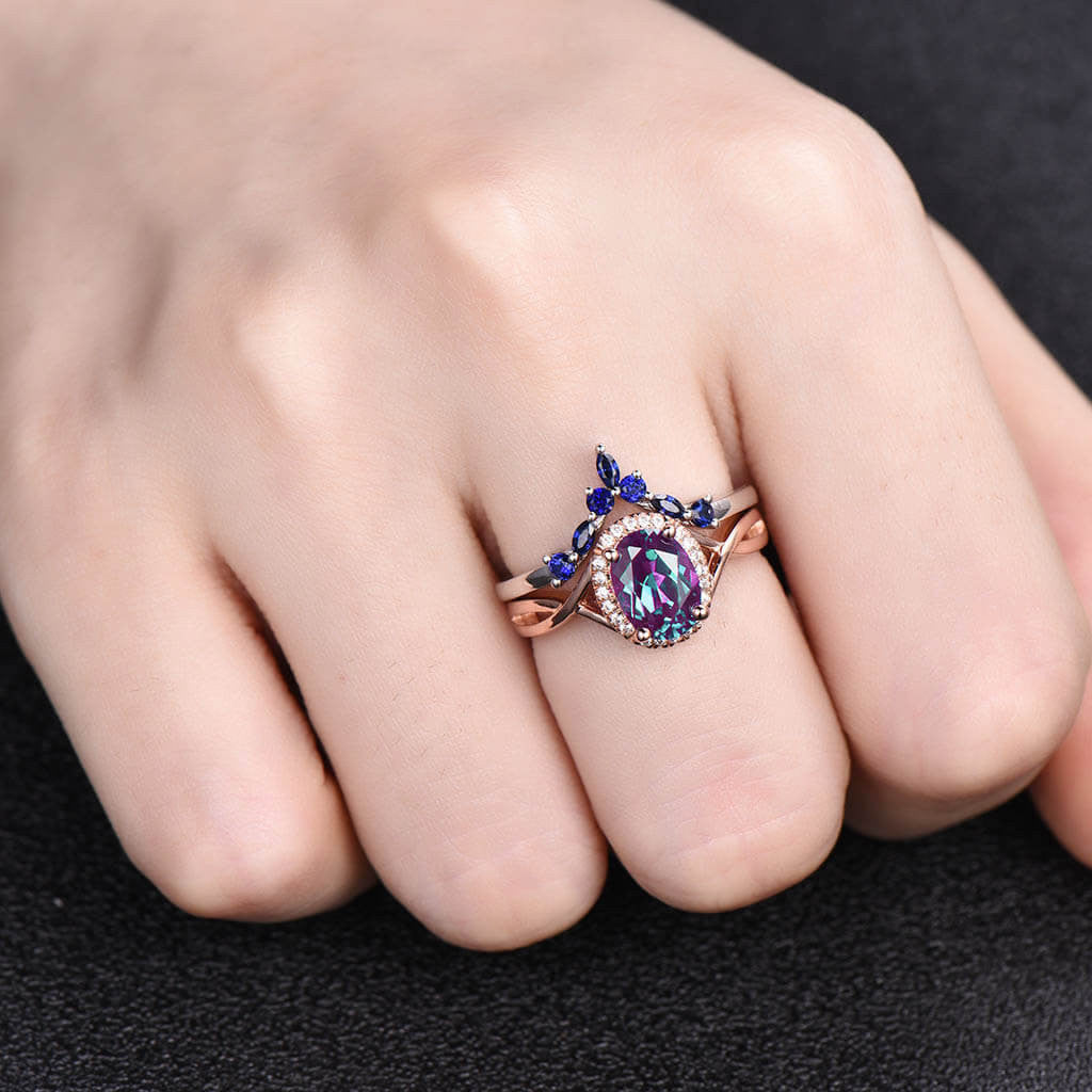 Infinity Alexandrite Engagement Ring Set with Lab Sapphire & Curved Matching Band - 2 Piece Wedding Jewelry Set for Brides, Anniversaries & Special Occasions