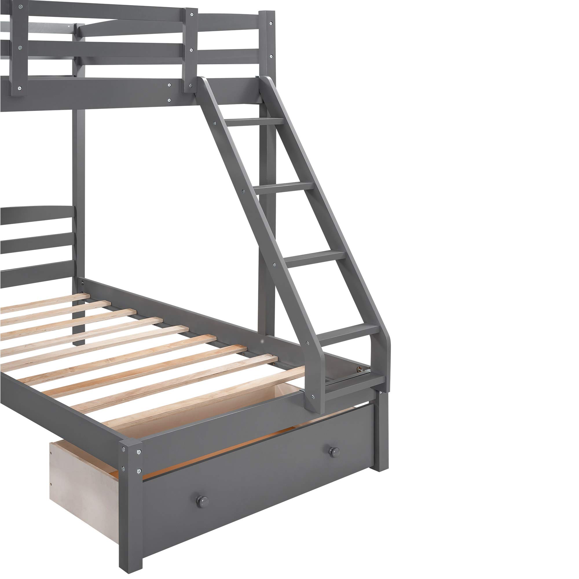 SOFTSEA Full Over Twin & Twin L-Shaped Triple Bunk Bed - 3 Beds in 1 Space-Saving Solution for Kids, Teens & Adults (Grey with Drawers) - Perfect for Small Bedrooms, Guest Rooms & Vacation Homes