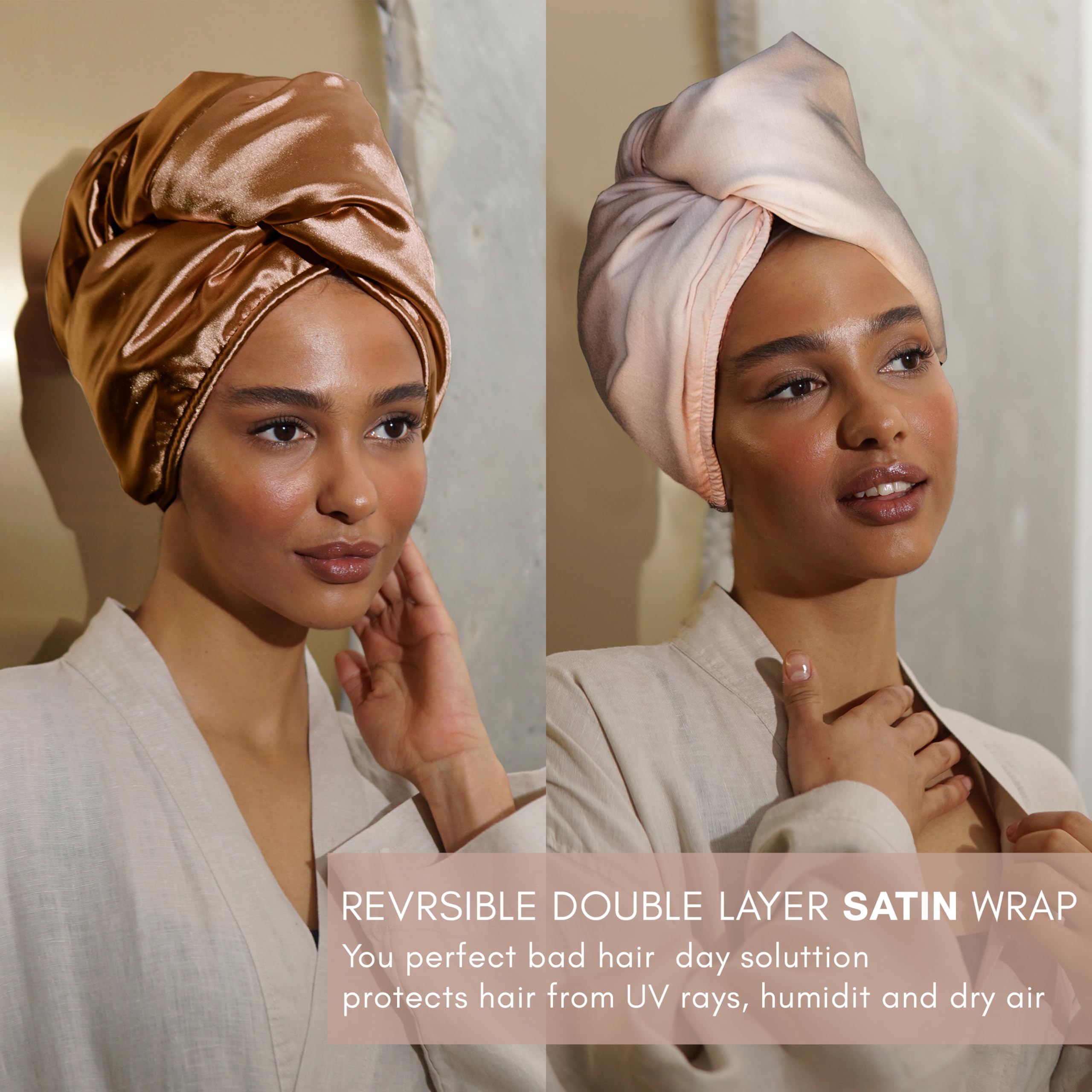 Satin Hair Wrap Towel for Women - Double Layer Curly Hair Turban for Gentle Drying, Pink & Bronze | Perfect for Post-Shower, Salon Styling & Overnight Hair Care