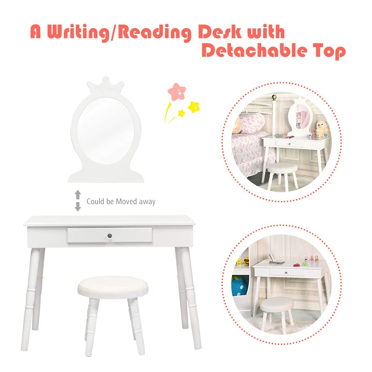 INFANS Wooden Kids Vanity Dressing Table & Stool Set with Real Mirror - Princess Pretend Play Makeup Dresser with Drawer for Little Girls - Perfect for Birthday Gifts, Bedroom Decor & Role Play Activities