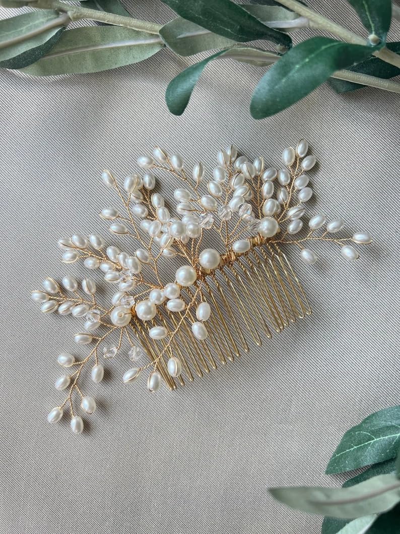 Elegant Golden Pearl Hair Comb - Bridal Hair Accessories for Wedding, Bridesmaid, and Special Occasions | Floral Hair Pin, Bun Comb, Juda Pin, Hair Jewelry Brooch | Perfect for Weddings, Prom, and Formal Events