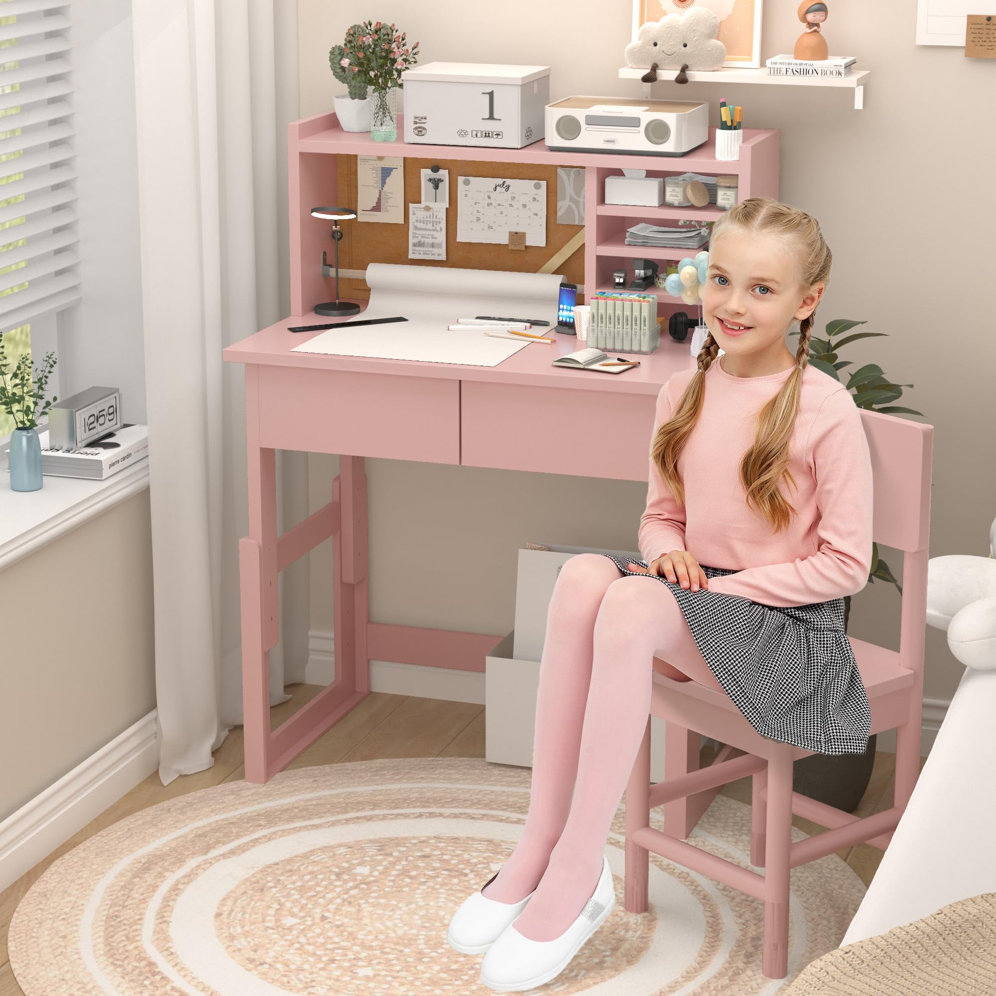 Ergonomic Height Adjustable Kids Study Desk with 2 Drawers & Chair Set - Pink Children's Art Table for 5-18 Years Old - Perfect for Homework, Drawing & Storage in Bedroom or Playroom