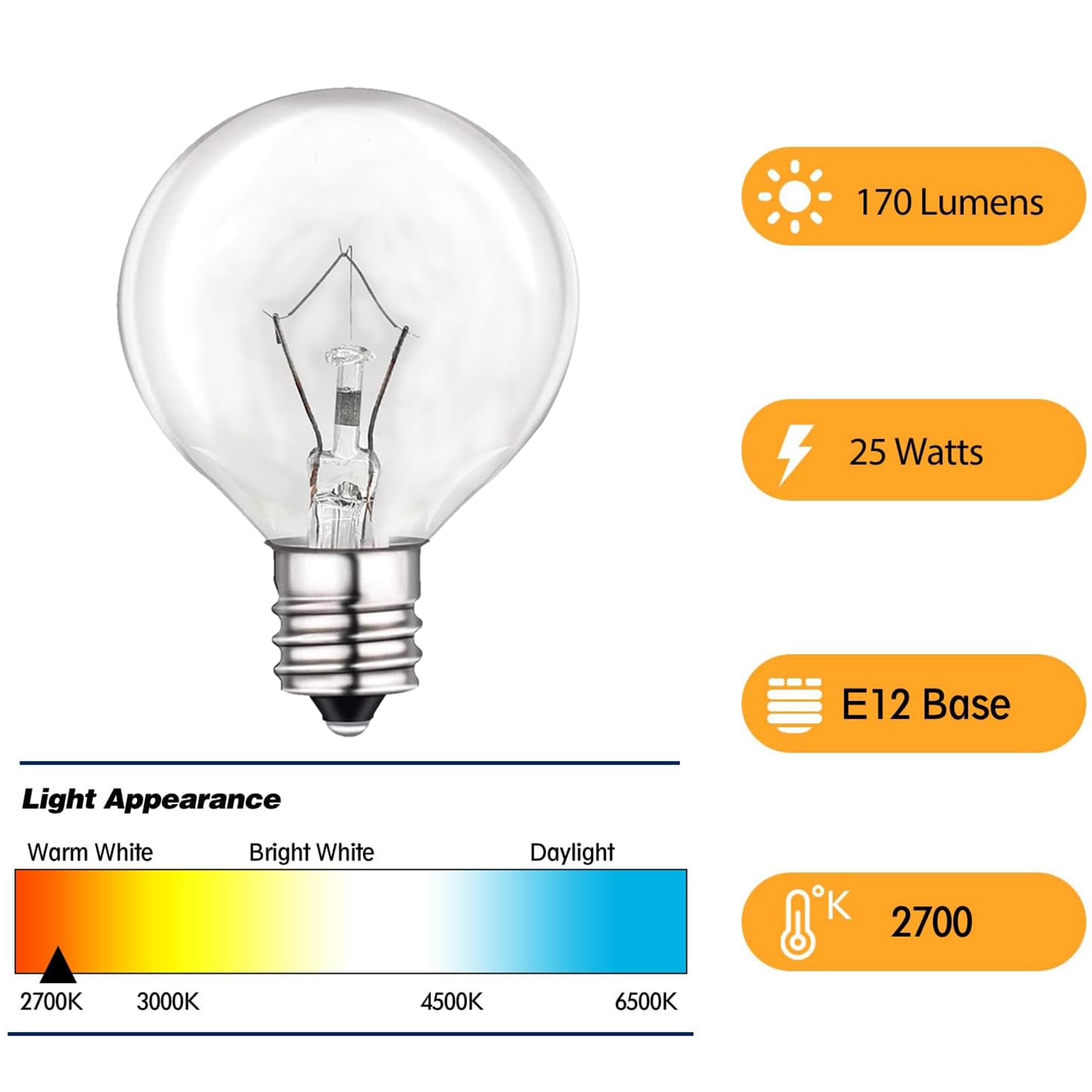 25 Watt Wax Warmer Bulbs - 6 Pack G40 E12 Base Light Bulbs for Scentsy Warmers, 120V Dimmable Warm White Candle Lamp Bulbs - Perfect for Aromatherapy, Home Fragrance & Relaxation Spaces