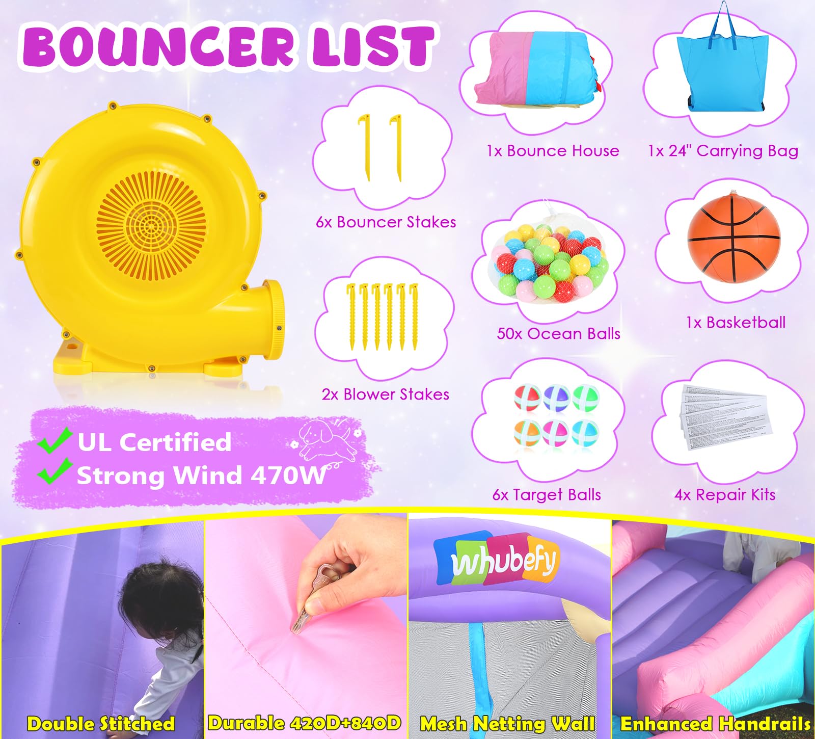 Inflatable Bounce House for Kids 3-6 Years - Pink Jumping Castle with Ball Pit, Slide & 470W Blower | Includes 50 Ocean Balls & 6 Sticky Darts | Indoor/Outdoor Toddler Playhouse for Birthday Parties, Backyard Fun & Girls' Gift Ideas