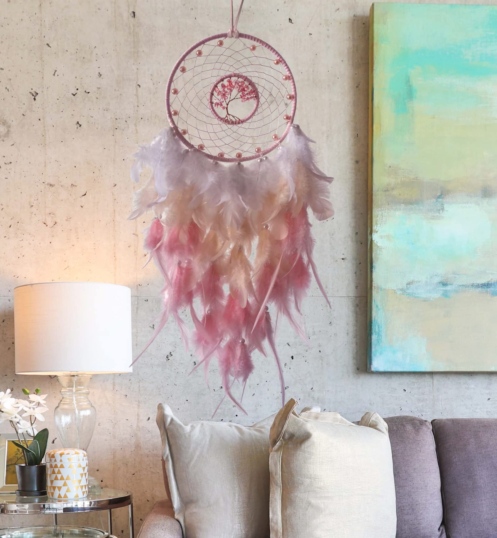 Pink Tree of Life Crystal Dream Catcher - Handmade Boho Wall Hanging for Girls & Boys Room Decor | Spiritual Protection & Positive Energy | Perfect for Bedroom, Nursery, Dorm & Meditation Space