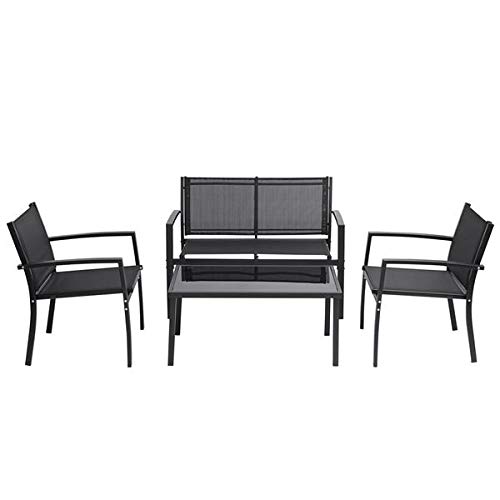 DAVEBELLA 4-Piece Outdoor Patio Furniture Set - Black Garden Conversation Set with Glass Coffee Table for Poolside, Lawn, Porch & Backyard Relaxation