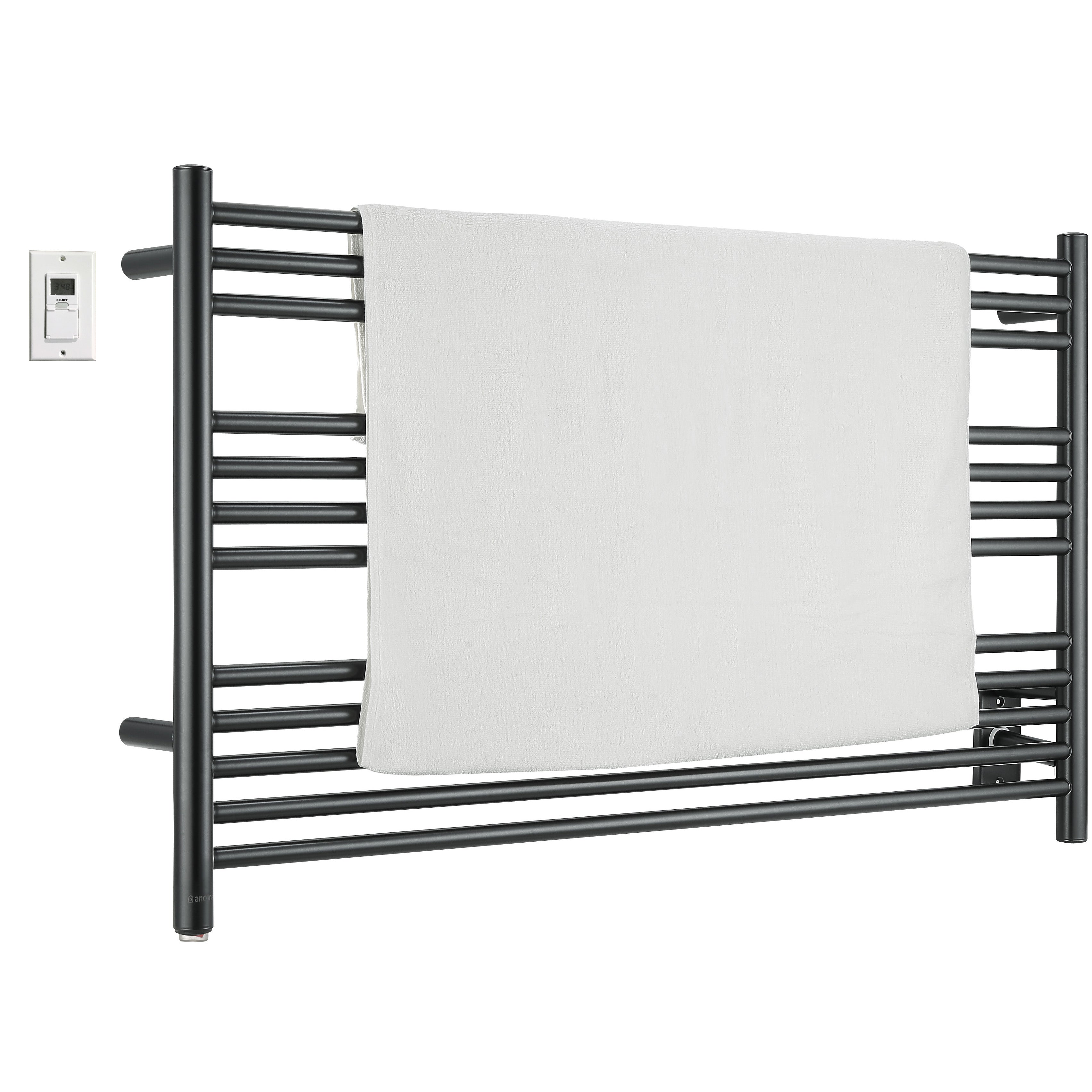 Ancona Amplia Dual 12 Bar Hardwired & Plug-in Electric Towel Warmer - Matte Black Finish with Digital Wall Timer - Perfect for Bathroom, Spa & Luxury Home Use
