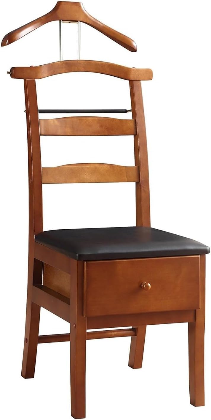 Wooden Chair Valet Stand with Hanger, Drawer & Trouser Bar - Mahogany Office Clothes Organizer 18