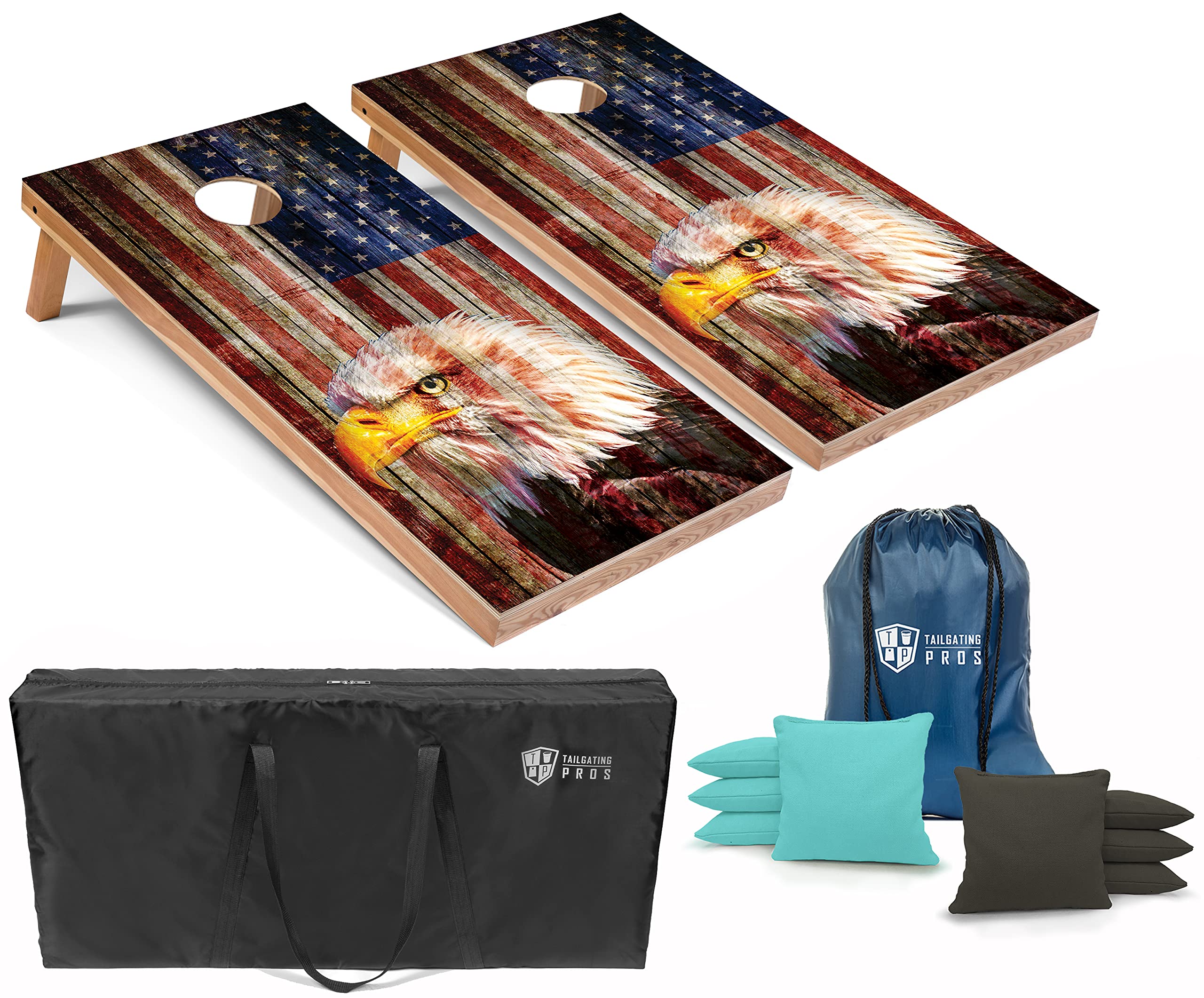 Patriotic Eagle US Flag Cornhole Board Set with Bean Bags & Carrying Case - 4'x2' Outdoor Toss Game for Tailgating, Backyard Parties, BBQ - Optional LED Lights for Night Play - American Corn Hole Game Set