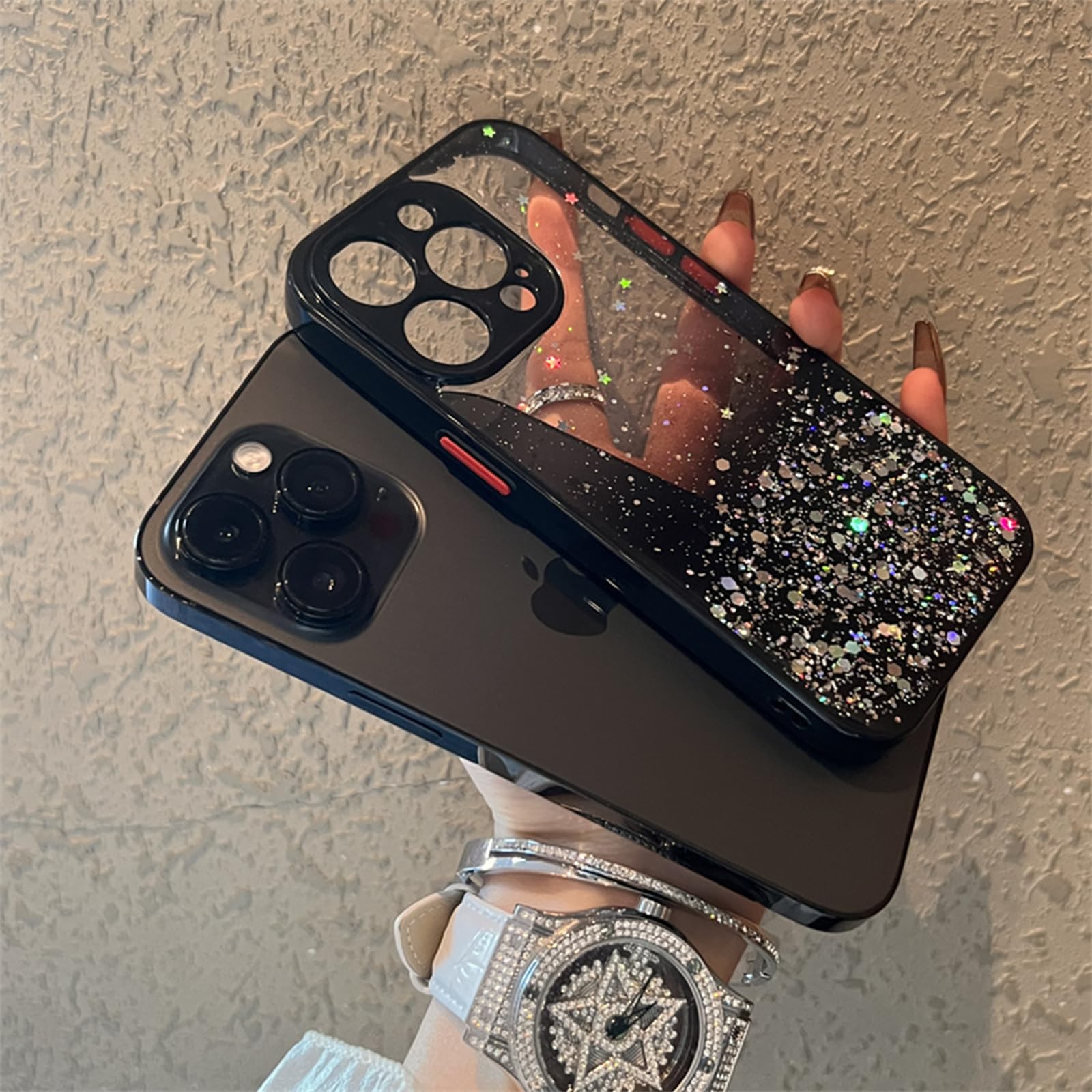 Sparkly Glitter Clear Phone Case with Wrist Strap & Kickstand for iPhone 12 Pro Max 6.7 Inch - Soft TPU Protective Cover with Adjustable Hand Grip Loop - Perfect for Workouts, Travel & Everyday Use (Black)