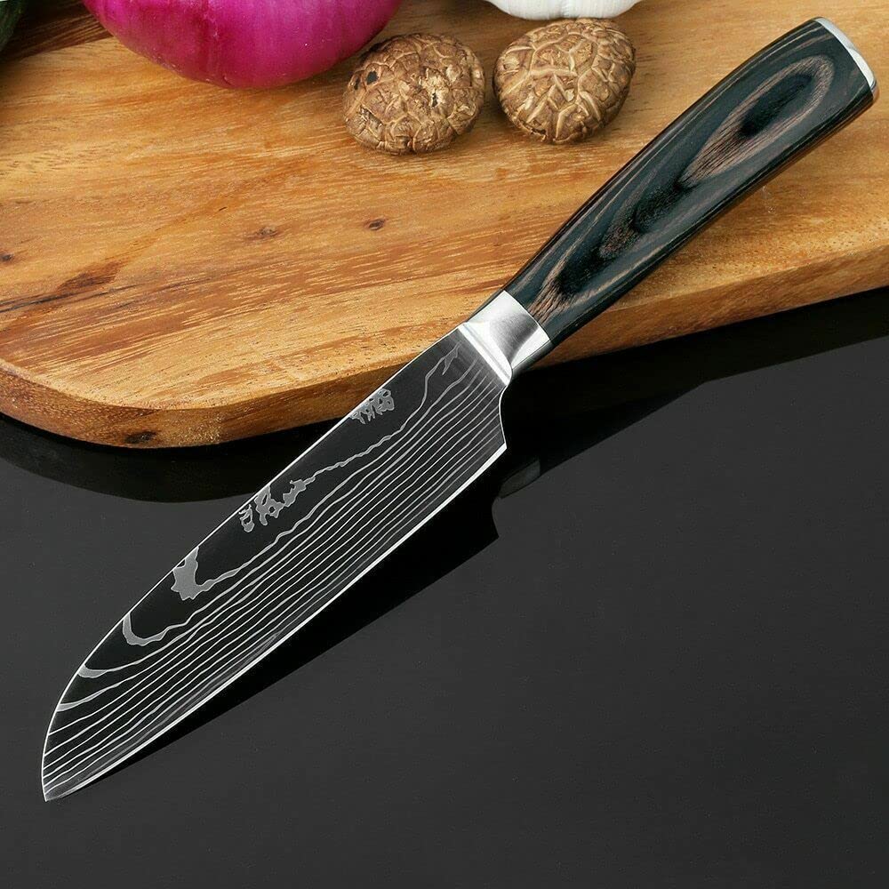 Premium 5-inch Stainless Steel Santoku Utility Knife with Damascus Pattern - Professional Kitchen Knife for Slicing, Dicing & Chopping Vegetables, Meat & Fish - Ideal for Home Chefs & Cooking Enthusiasts
