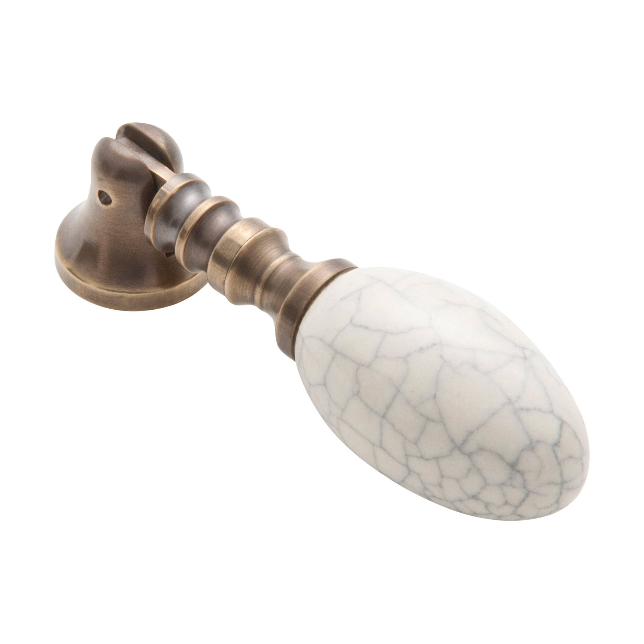 Antique Brass Teardrop Cabinet Pull Handle - 30mm x 40mm, Crazed Ivory Porcelain, BP18mm Drop 65mm - Perfect for Vintage Kitchen Cabinets, Bathroom Drawers & Furniture Restoration