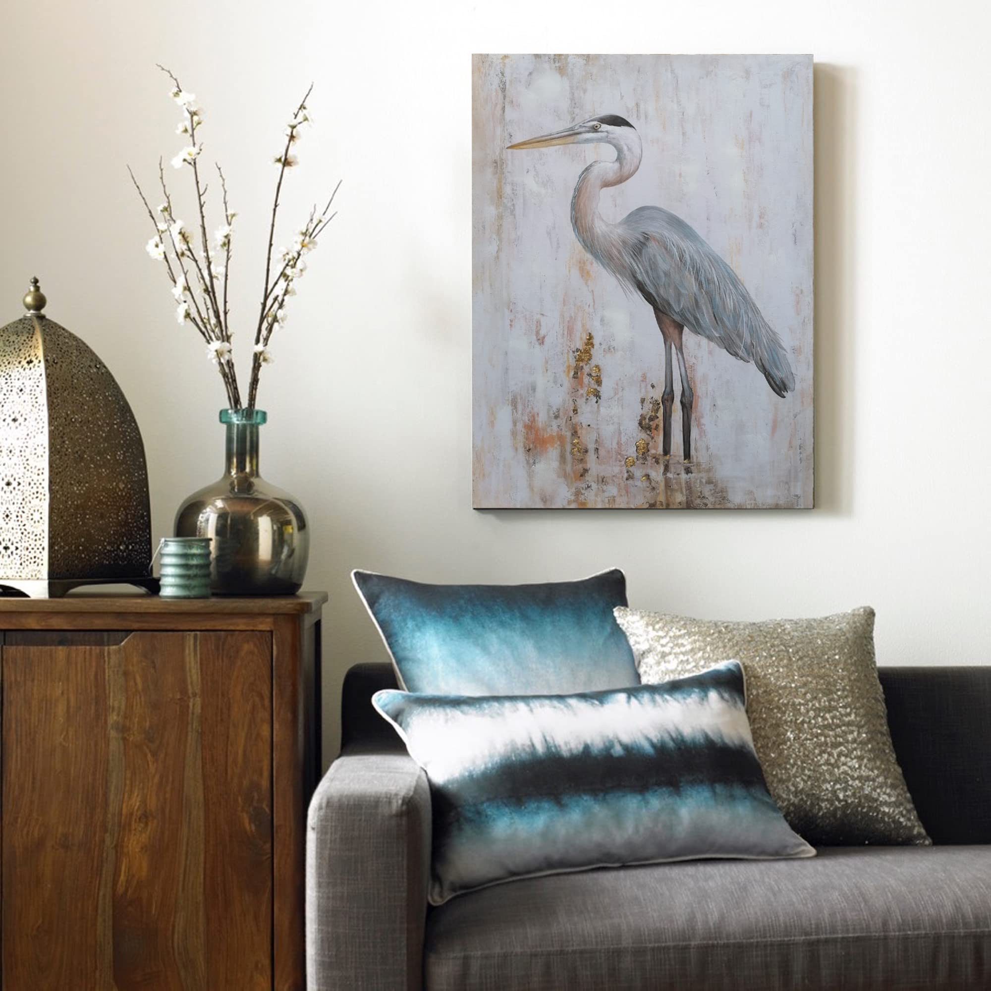 Blue Heron Wall Art - Gold Foil Beach Bird Painting for Home Decor | Coastal Themed Wall Decor for Living Room, Bedroom & Bathroom | Perfect for Beach House & Nature Inspired Interior Design