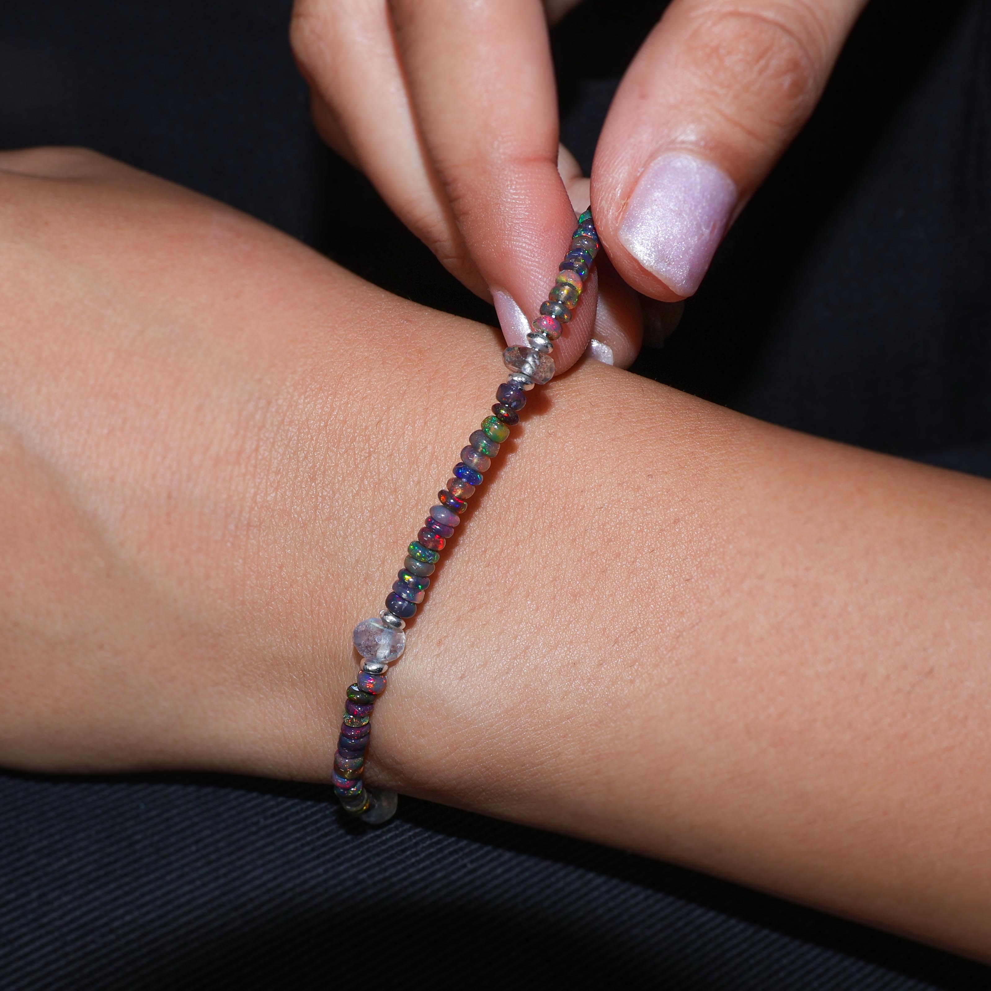 Natural Black Opal & Moonstone Dual Beaded Bracelet for Women - Handmade Healing Crystal Jewelry for Spiritual Protection, Meditation & Everyday Wear