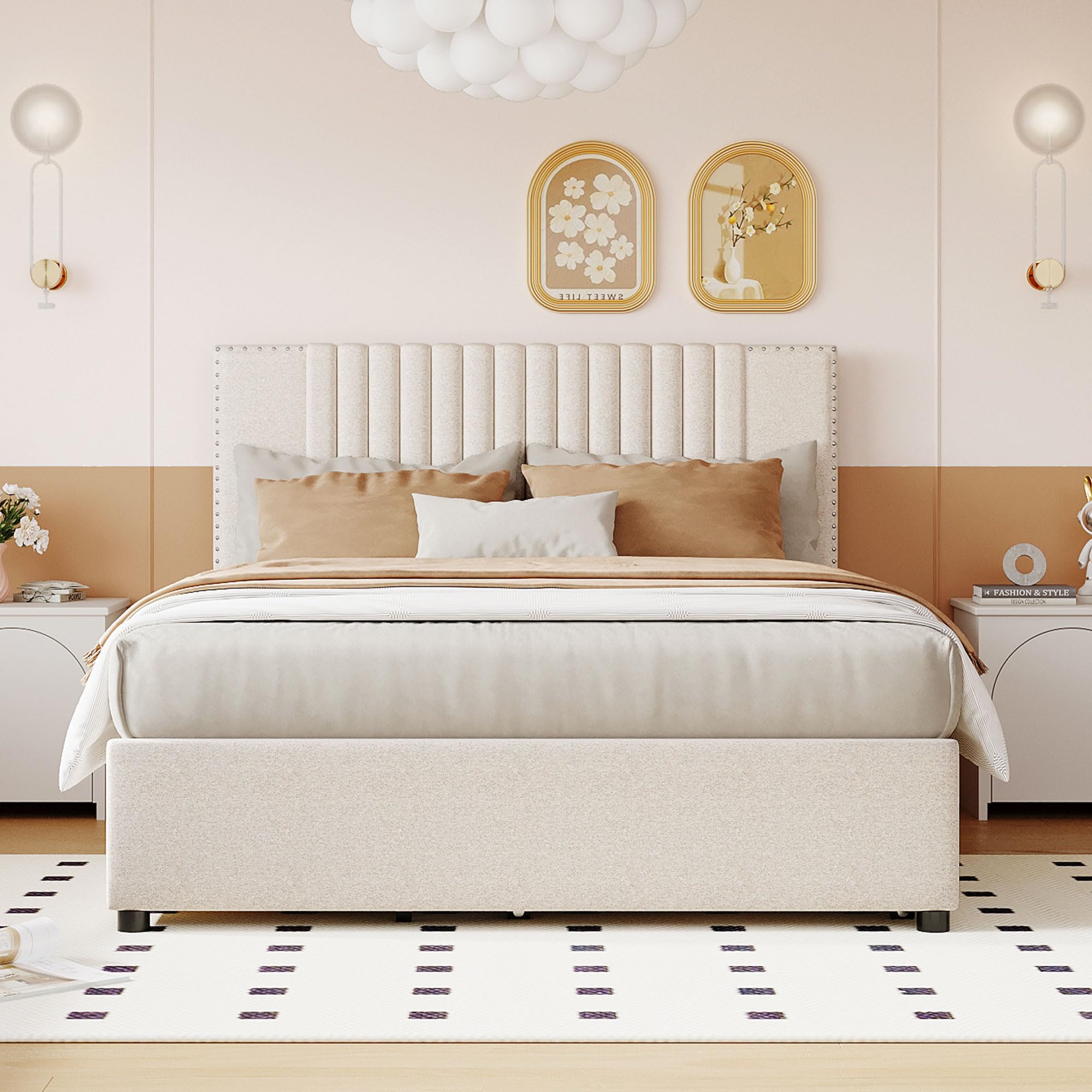 SOFTSEA Full Size Upholstered Platform Bed with Twin Trundle & Storage Drawers - Linen Fabric Bed Frame with Tufted Headboard & Nailhead Trim in Beige - Perfect for Guest Rooms, Small Spaces & Modern Bedroom Decor