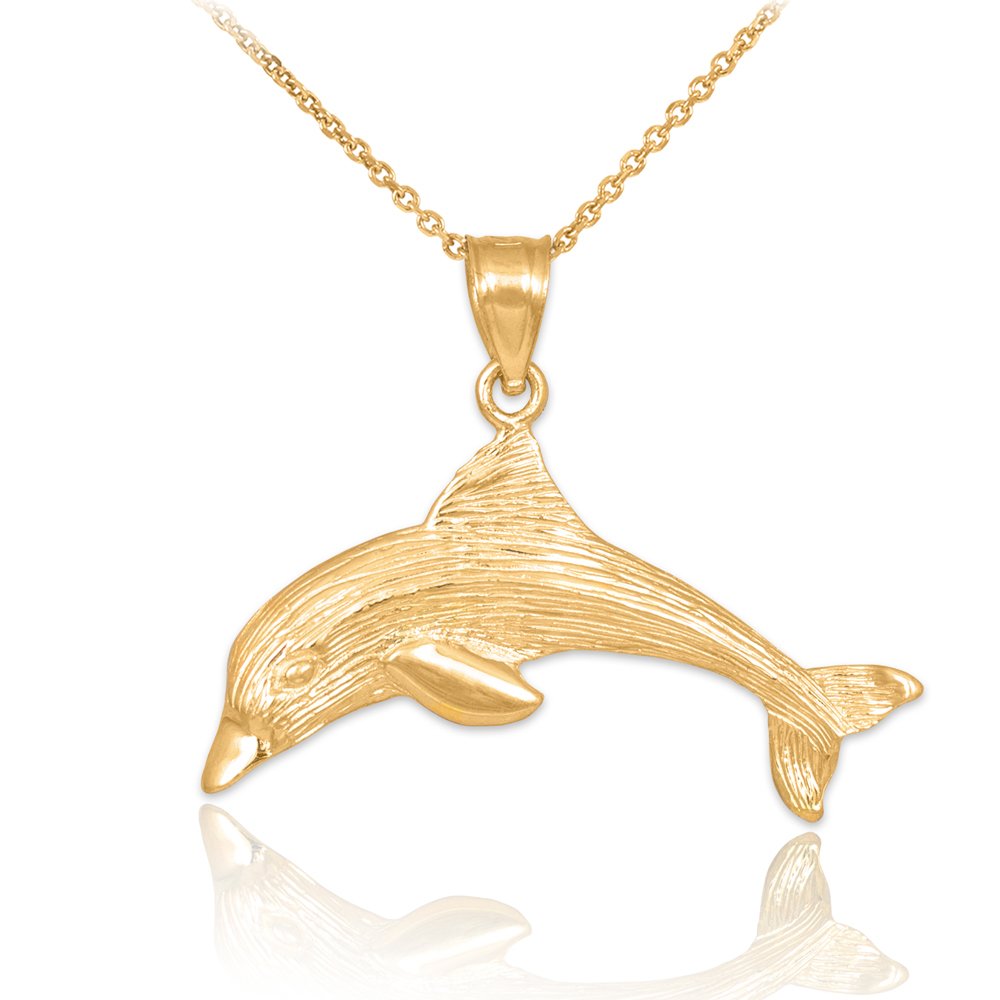 10K Yellow Gold Textured Dolphin Charm Pendant Necklace for Women - Elegant Ocean-Themed Jewelry Gift for Birthday, Anniversary & Beach Vacations