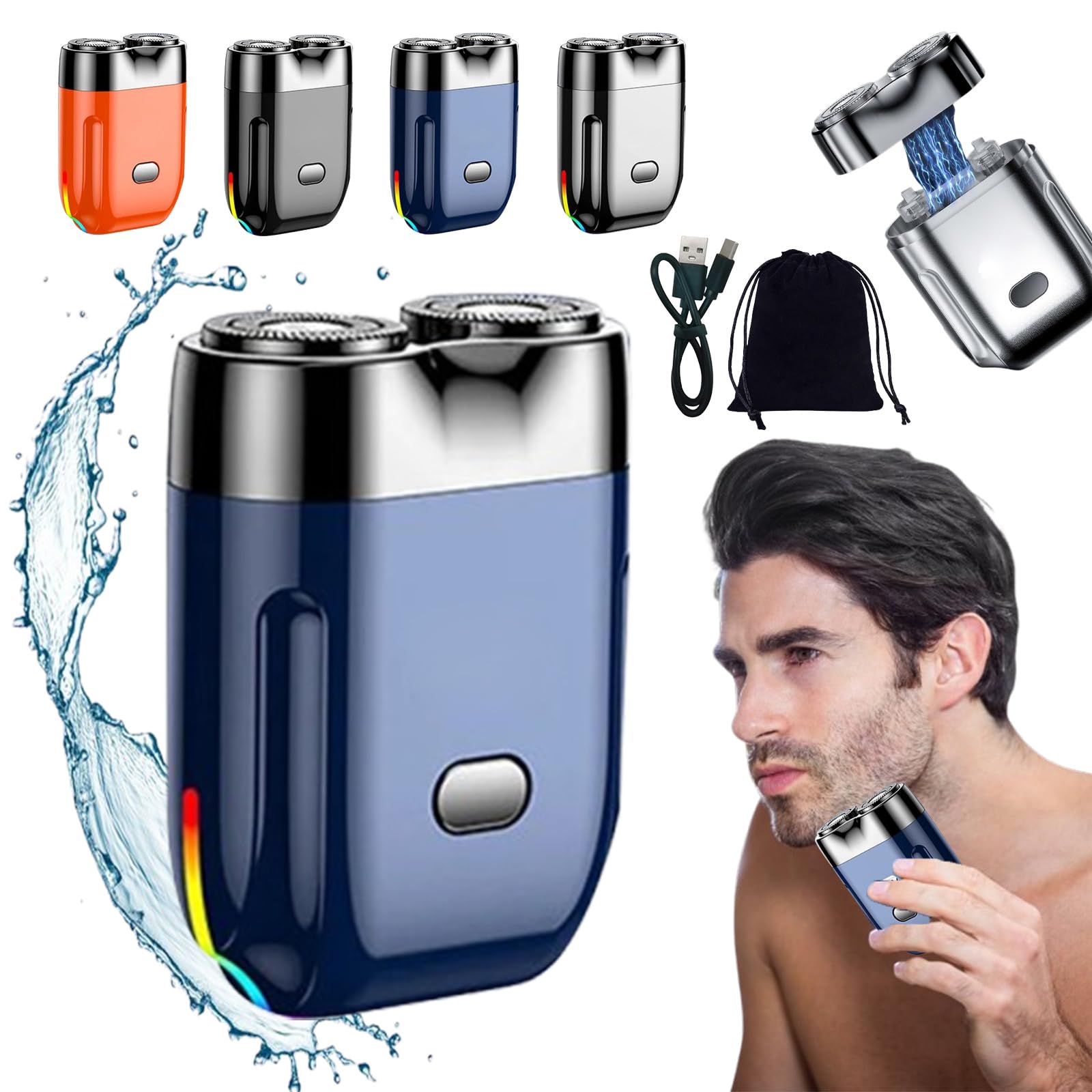 Mini Portable Magnetic Waterproof Electric Shaver - Dual Head USB Rechargeable Rotary Shaver for Men, Compact Travel Shaver with Upgraded Blade (Blue) - Perfect for Travel, Gym, and On-the-Go Grooming