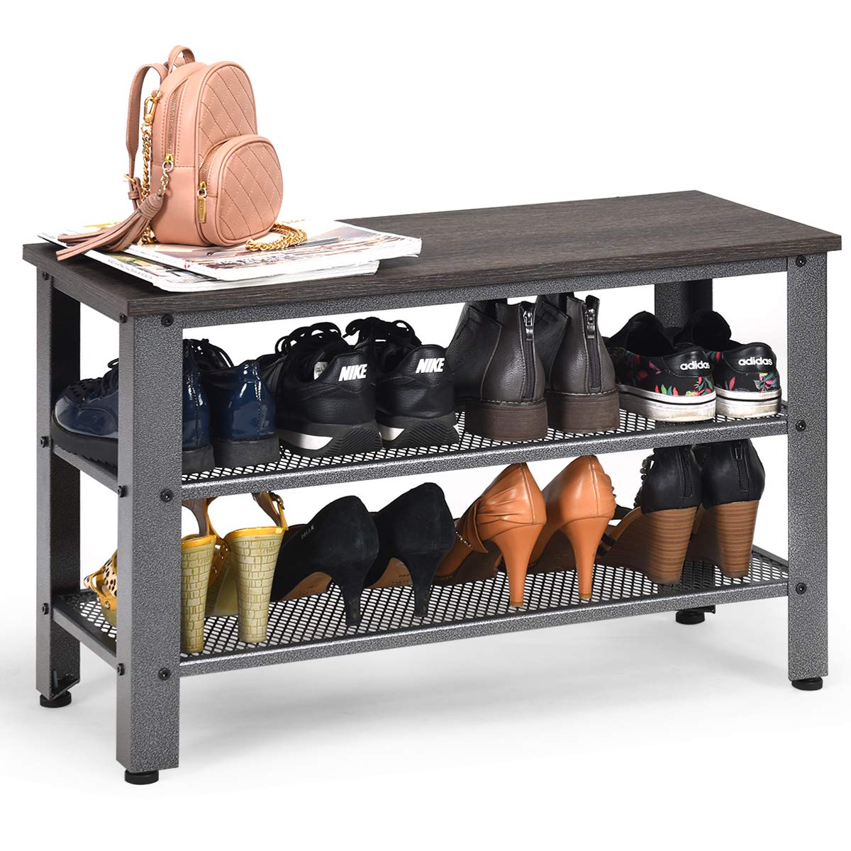 Industrial Metal Bench with 2 Mesh Shelves - Entryway Shoe Storage Organizer, Large Silver - Perfect for Mudroom, Hallway & Home Organization