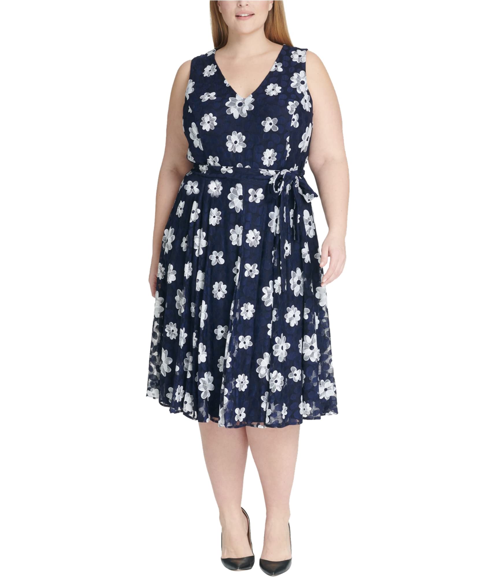 Tommy Hilfiger Women's Belted Floral Fit & Flare Dress - Elegant Summer Dress for Casual Outings, Parties & Office Wear