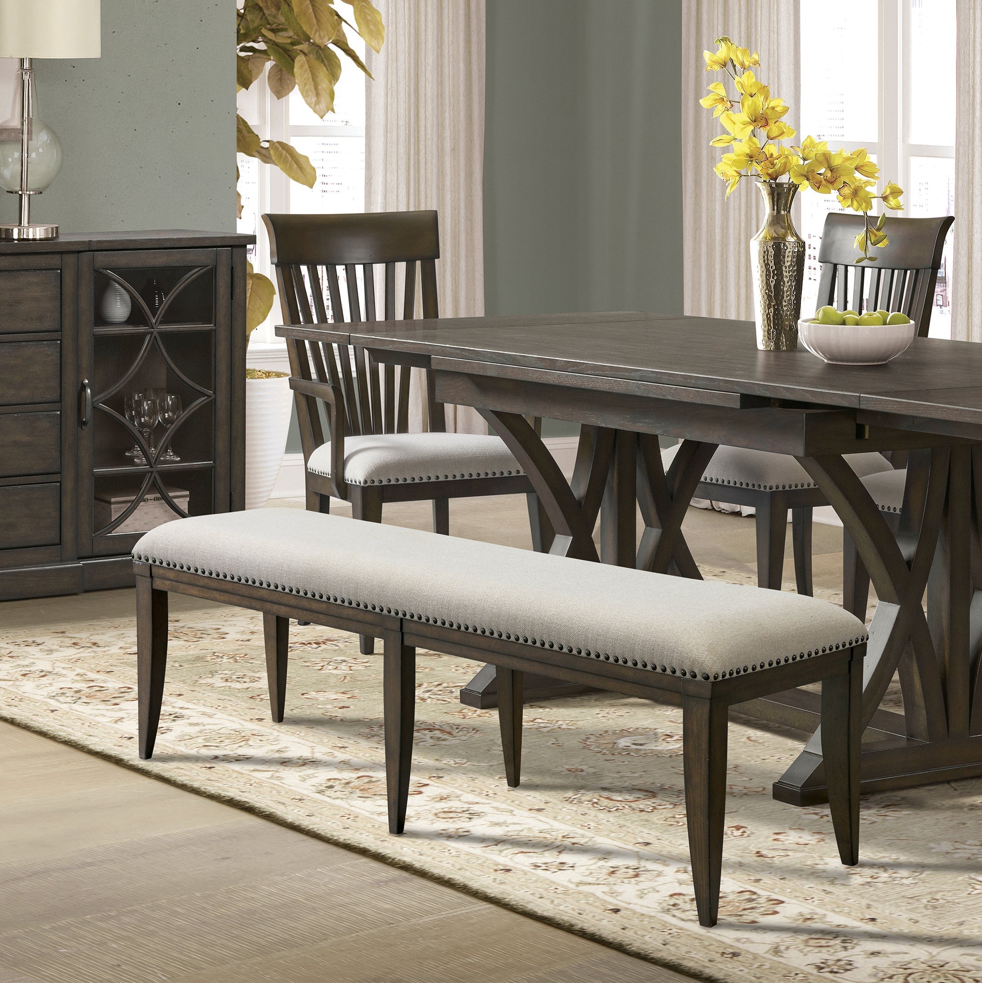 Roundhill Furniture Grant Nailhead Trim Upholstered Dining Bench in Grey - Stylish Seating for Kitchen, Dining Room & Entryway
