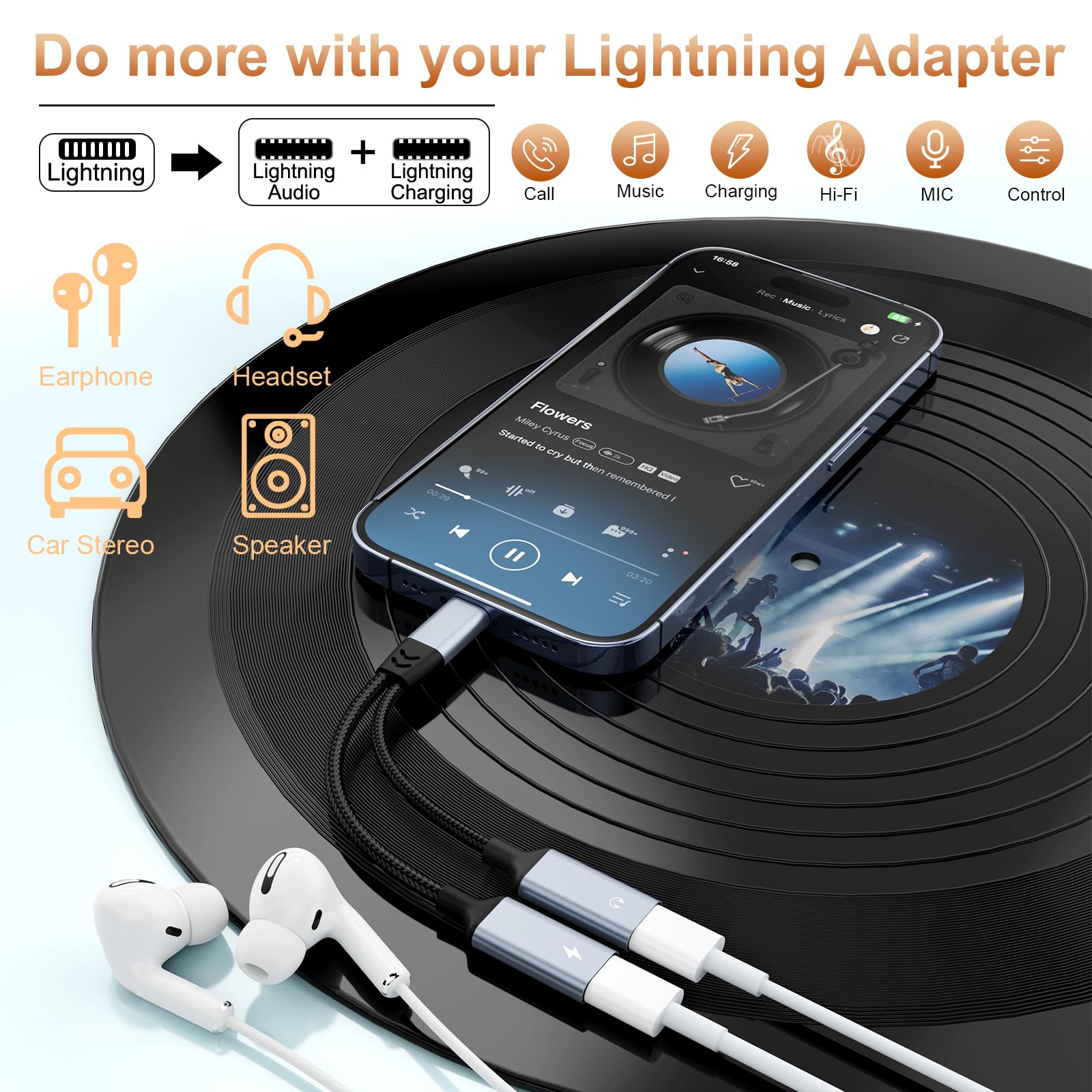 iPhone Lightning Splitter Adapter - Dual Charging & Audio Port for iPhone 14/13/12/11/X/8/7/6 & iPad | 2-in-1 Charger & Headphone Dongle | Perfect for Gaming, Music & Charging Simultaneously