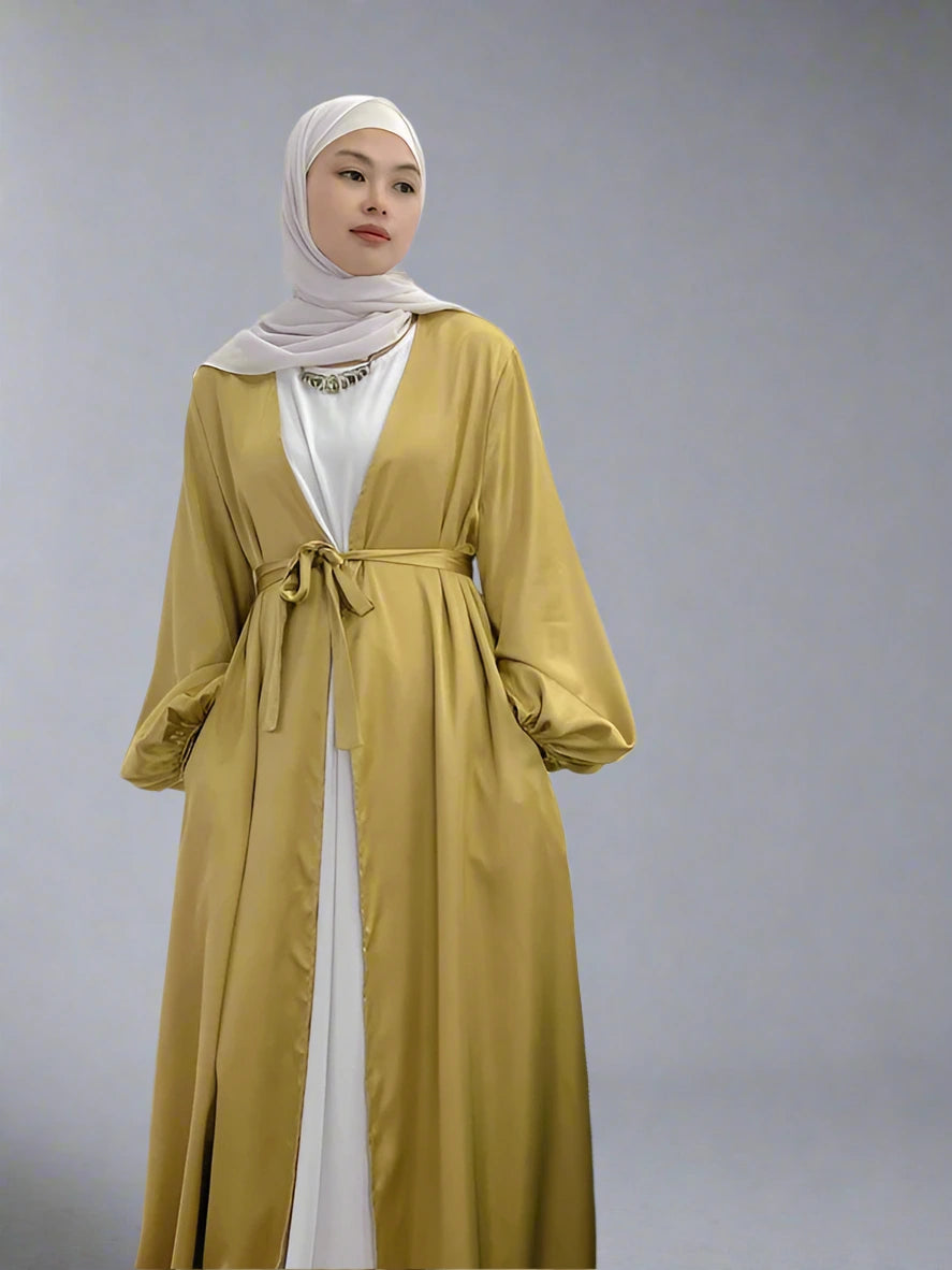 Elegant Puff Sleeve Satin Open Abaya Dress for Muslim Women - Modest Islamic Prayer Dress for Eid, Wedding & Special Occasions