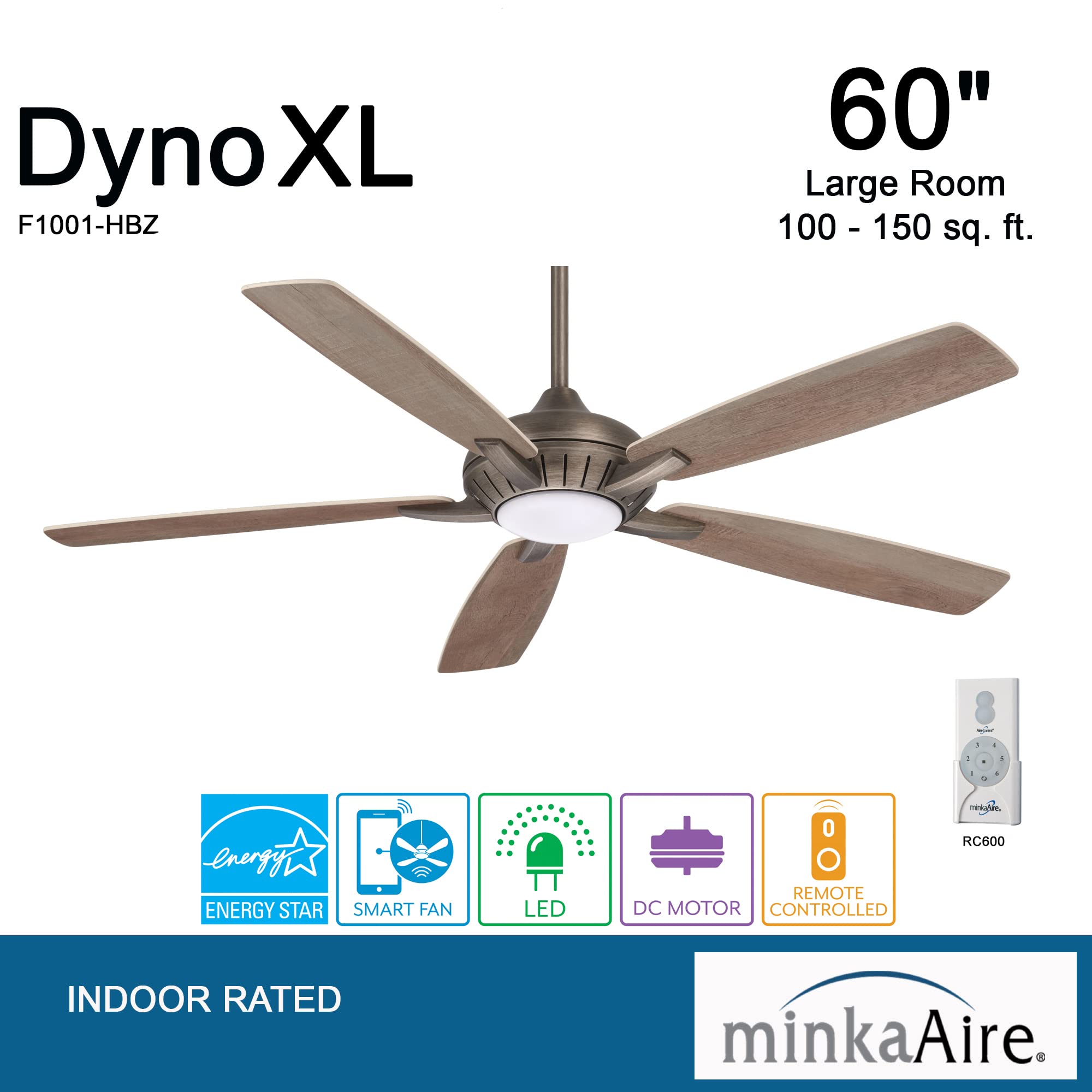 Minka Aire F1001-HBZ Dyno XL 60 Inch Ceiling Fan with LED Light Kit & Remote Control - Heirloom Bronze Finish - Perfect for Living Room, Bedroom & Outdoor Covered Patio