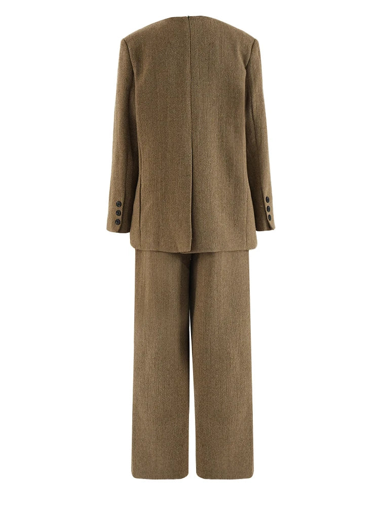 Women's Big Size Khaki Blazer & Wide Leg Pants Two-Piece Suit - O Neck Long Sleeve Fashion Set for Spring Autumn 2025 | Office Wear, Business Casual & Special Occasion Outfits