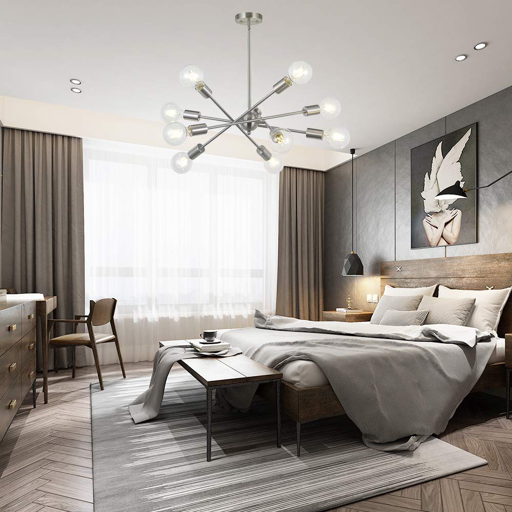 BONLICHT Modern Sputnik Chandelier - 10-Light Adjustable Arm Mid Century Pendant Light in Brushed Nickel - Perfect for Kitchen, Dining Room, Living Room & Entryway Lighting
