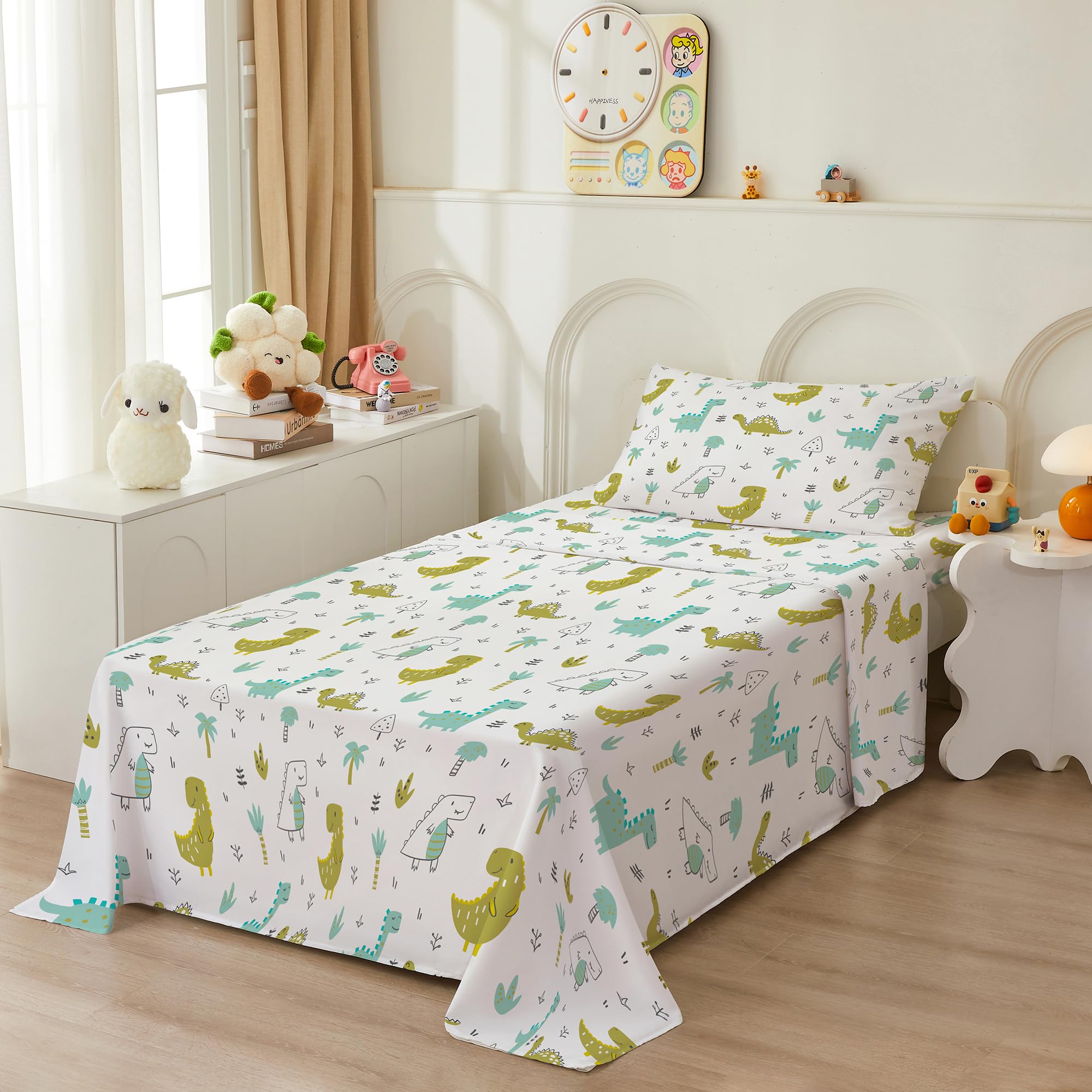 Dinosaur Twin Sheet Set for Kids - Soft Microfiber Bedding with Elastic Corner Straps (Green) - Perfect for Boys & Girls Bedrooms, Sleepovers, and Themed Decor