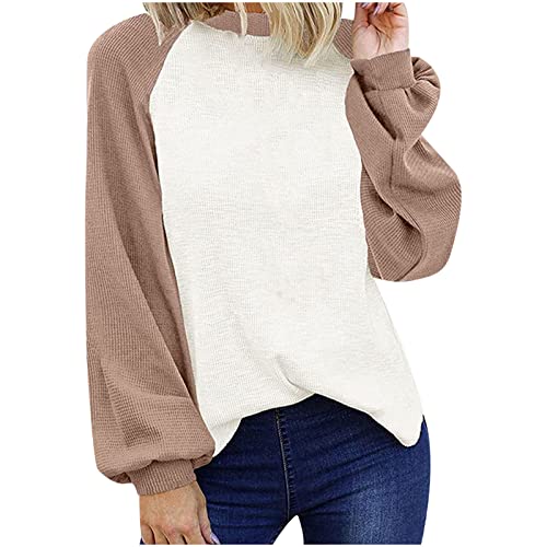 Women's Waffle Knit Long Sleeve Blouse - 2021 Fall Fashion Casual Color Block Loose Fit T-Shirt to Hide Belly | Perfect for Autumn Layering, Office Wear & Weekend Outfits