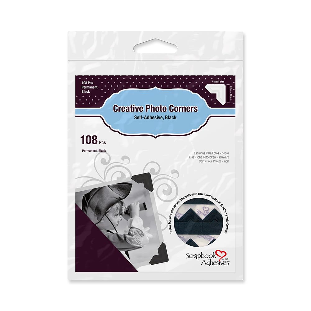3L Self-Adhesive Photo Corners for Scrapbooking - Acid-Free Black Photo Mounting Squares (108-Pack) - Perfect for Photo Albums, Memory Books & Craft Projects