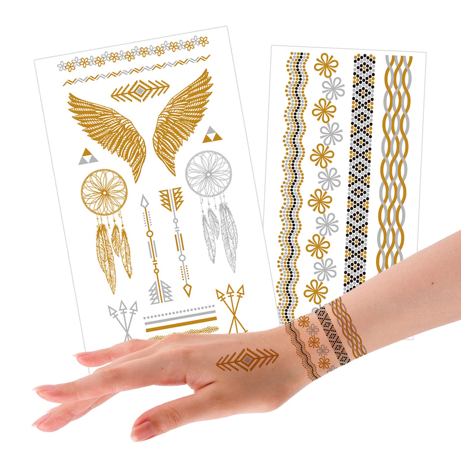 Metallic Temporary Tattoos - 2 PCS Gold Jewelry Tattoo Stickers | Waterproof, Long-Lasting Body Art for Women & Girls | Perfect for Halloween, Summer Parties, Festivals & Special Events | Great for Costumes, Beach Days & Photo Shoots