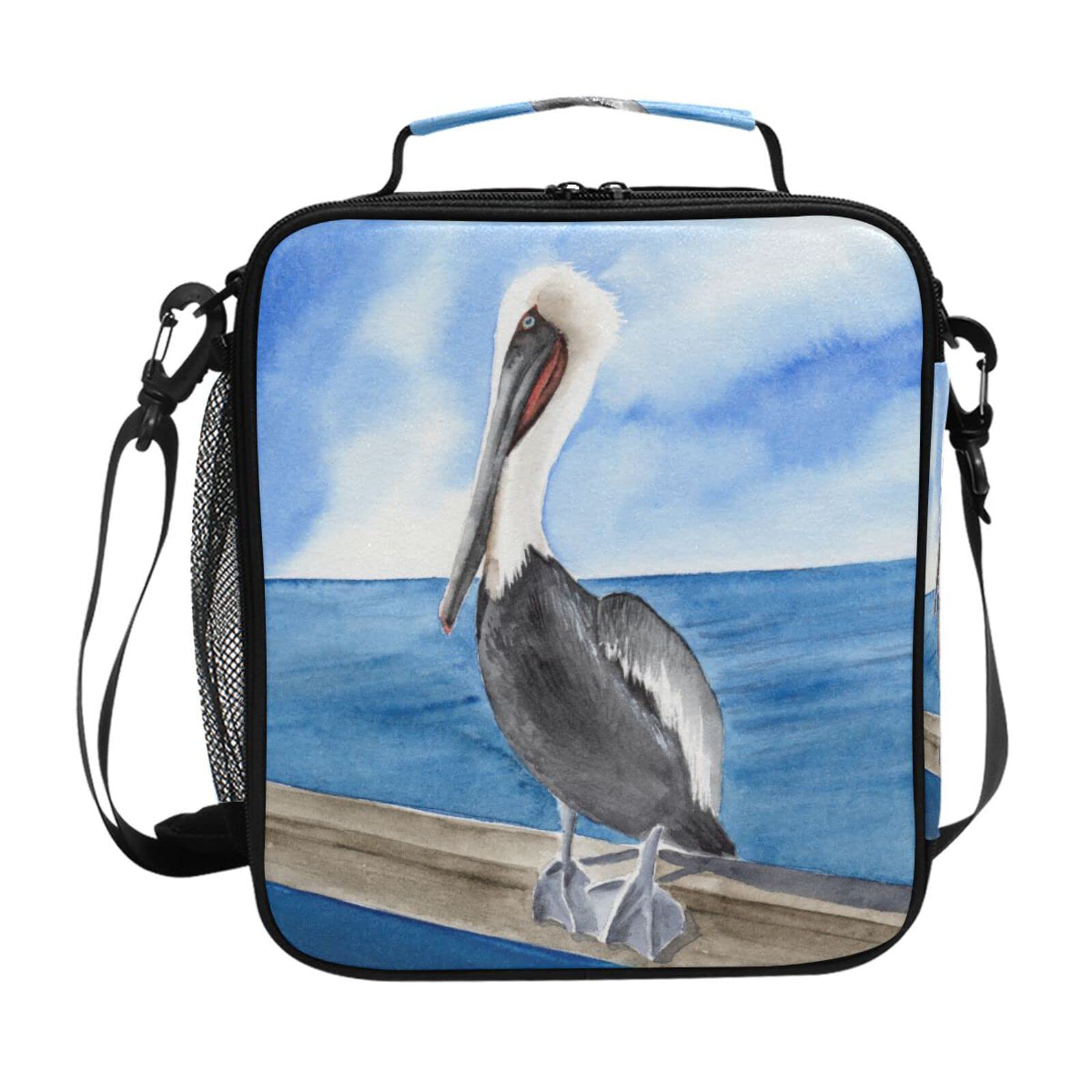 JUAMA Insulated Lunch Bag - Durable Square Cooler Tote with Adjustable Shoulder Strap for Men & Women | Reusable Portable Lunch Box for Work, Picnic, Travel, Beach & Outdoor Activities | Watercolor White Pelican Design