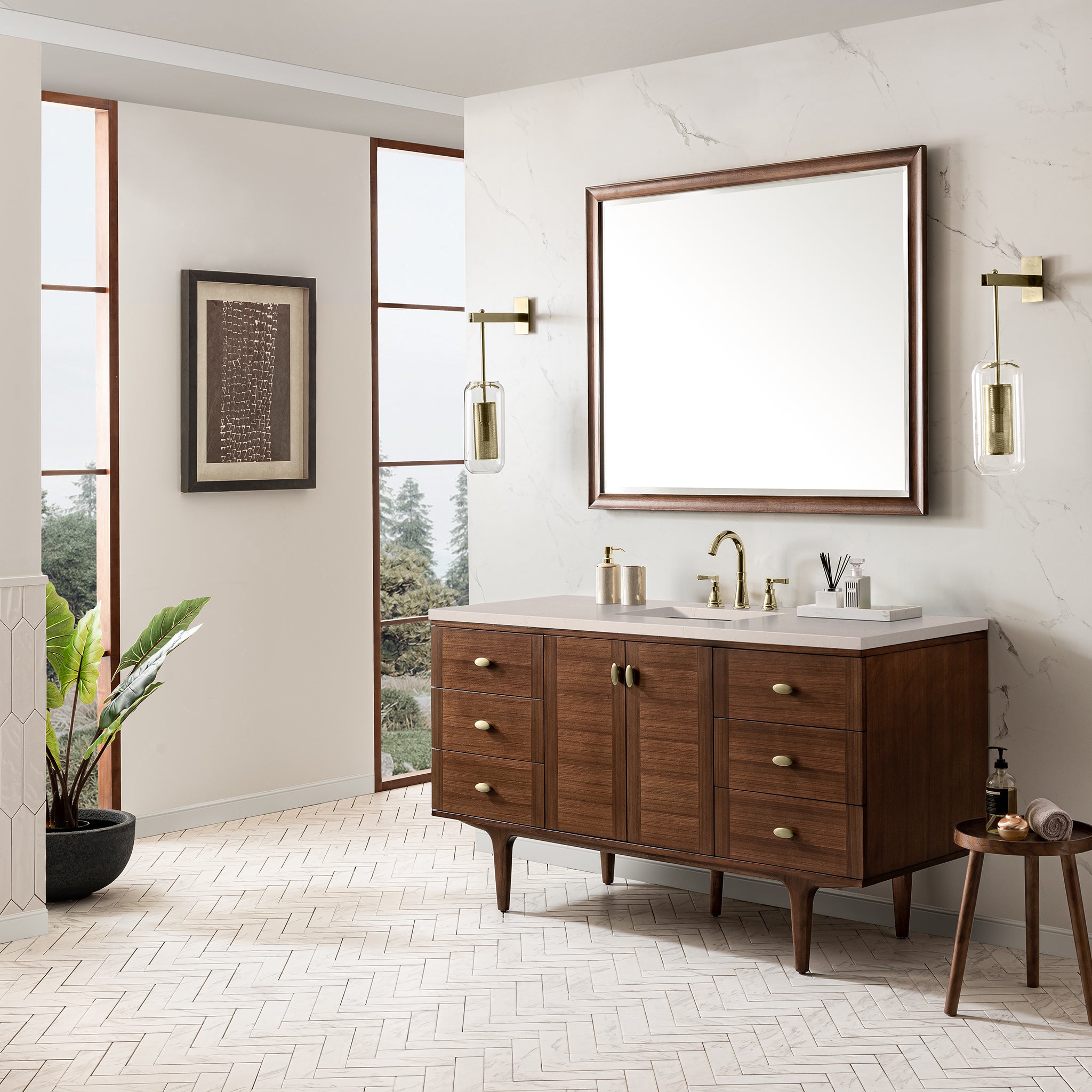 Amberly 60 Inch Single Bathroom Vanity with Mid-Century Modern Design, Walnut Finish & 3CM Eternal Marfil Stone Top - Perfect for Master Bath, Guest Bath or Powder Room Remodel