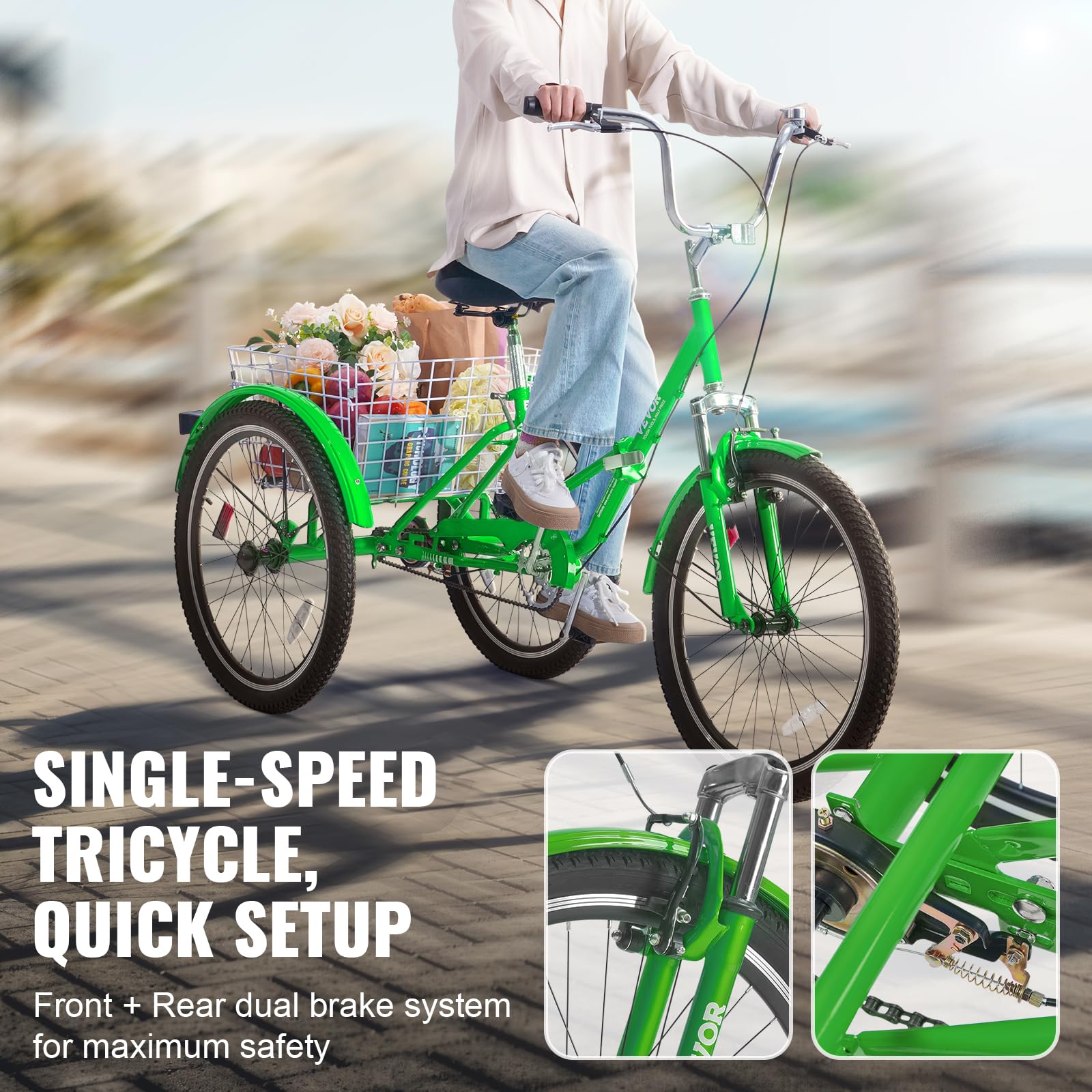 VEVOR Folding Adult Tricycle - 3 Wheel Cruiser Bike with Large Basket & Adjustable Seat - Foldable Trikes for Women, Men & Seniors - Perfect for Shopping, Picnics & Outdoor Recreation