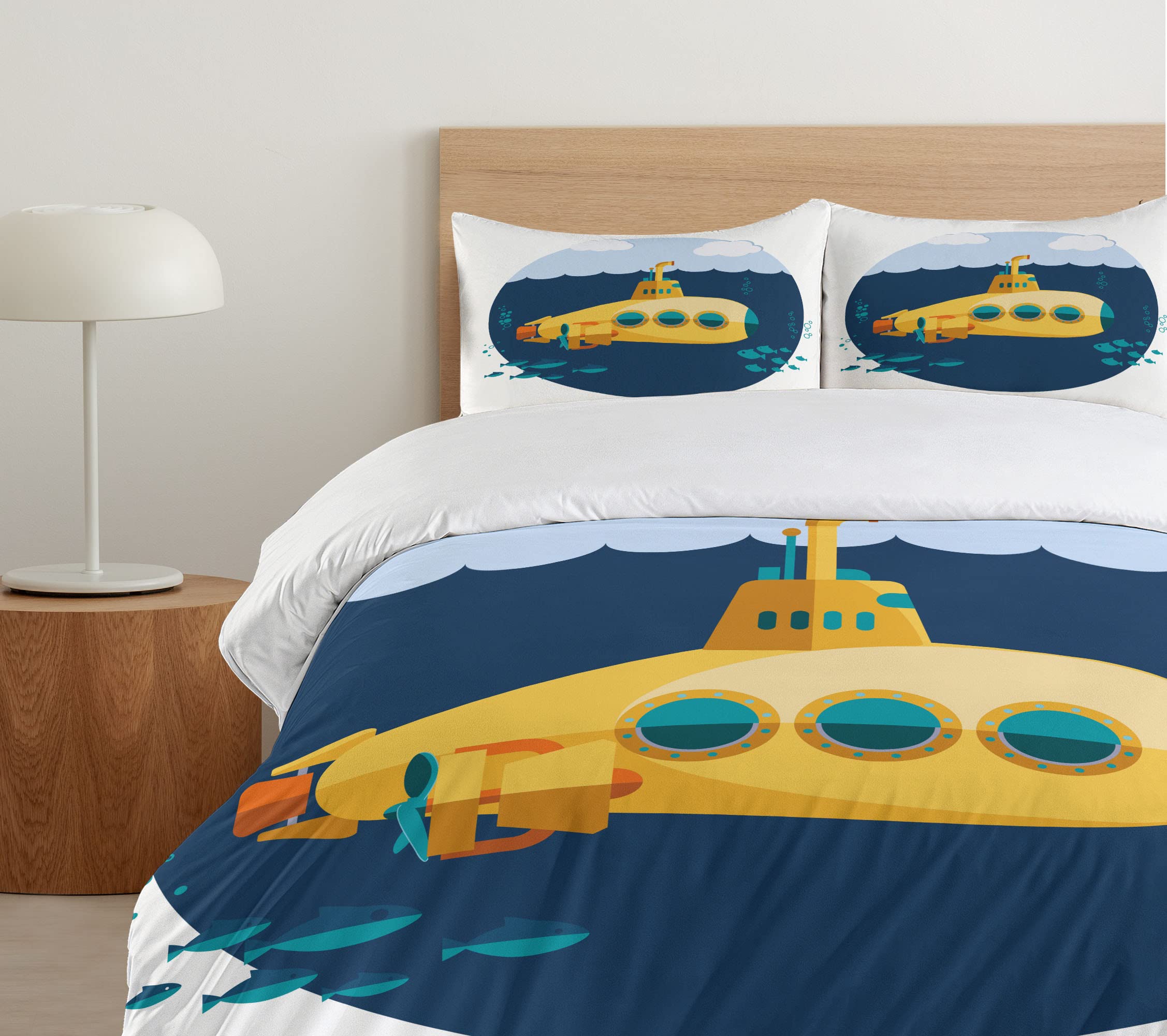 Ambesonne Yellow Submarine Duvet Cover Set - Underwater Themed 3-Piece Bedding with 2 Pillow Shams, California King Size in Earth Yellow & Navy Blue | Nautical Decor for Kids' Room, Beach House or Submarine-Themed Bedroom