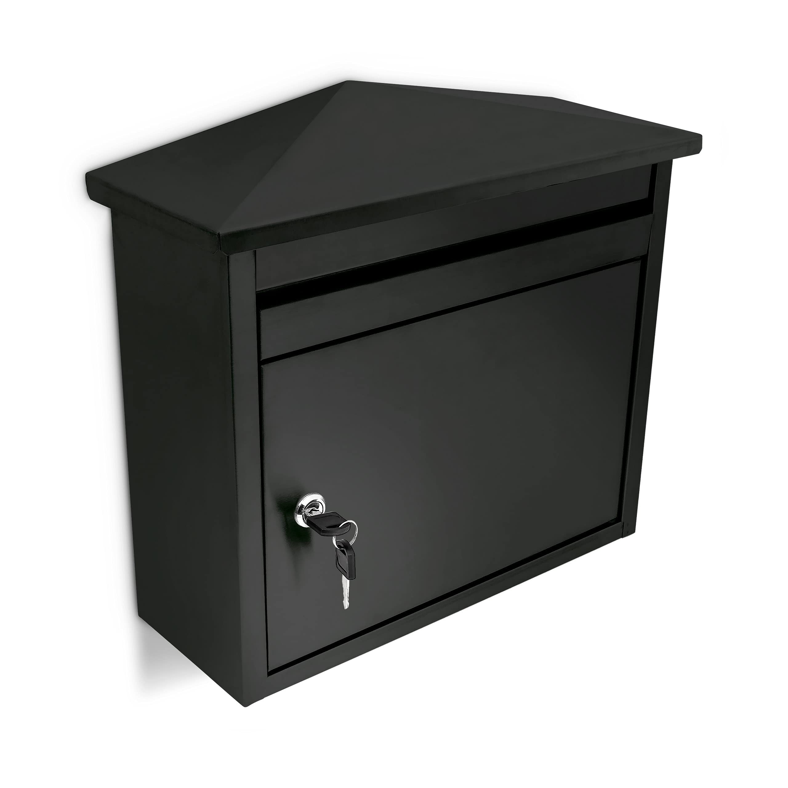 Black Powder-Coated Wall Mounted Mailbox - 16.1 x 14.6 x 6.3 Inches - Weatherproof Metal Mailbox for Home & Office - Perfect for Porch, Garden, and Outdoor Use