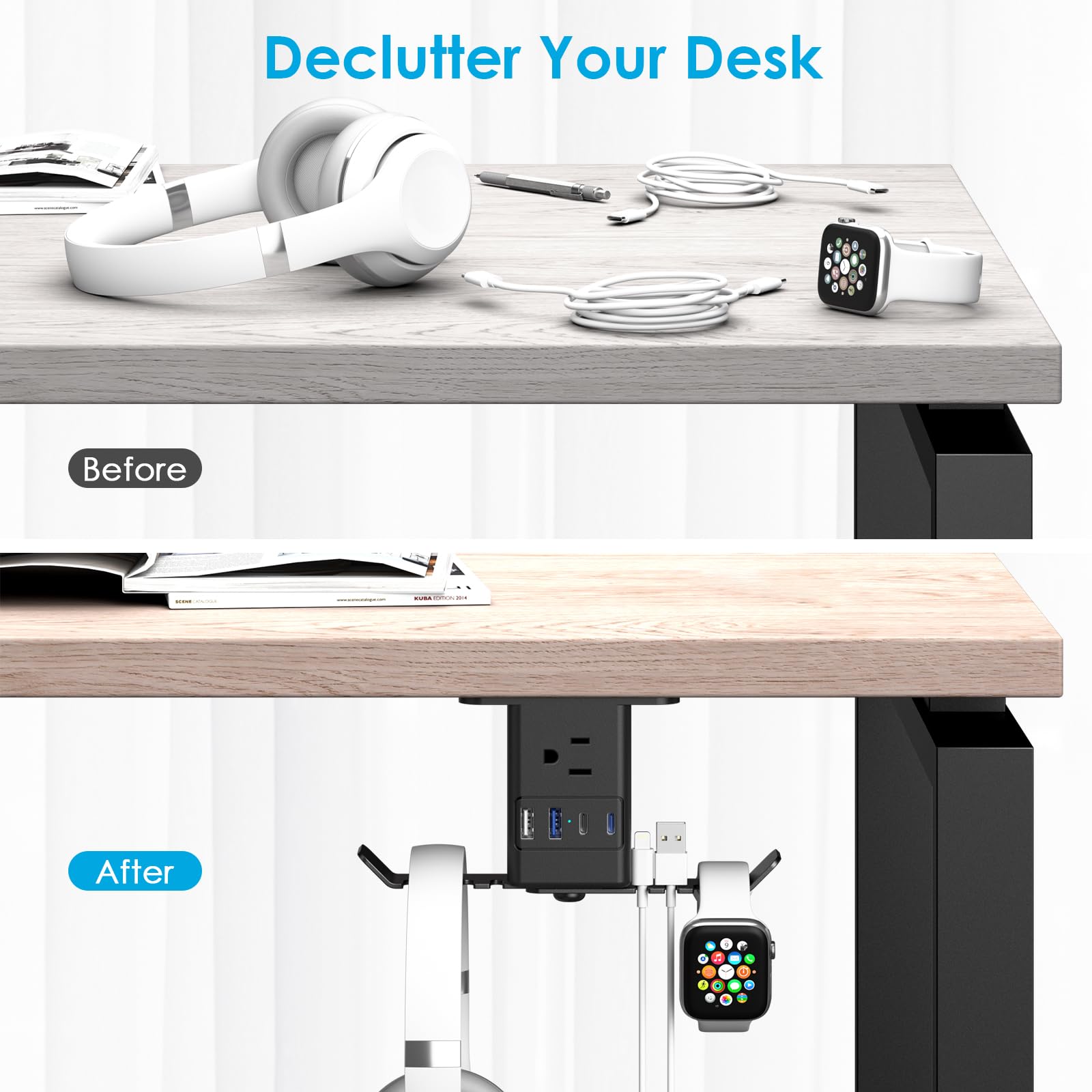 JUNNUJ Under Desk Headset Stand with 20W USB C Charger & 3 Outlet Power Strip - Headphone Hook, Surge Protector, PC Game Hanger Holder & Cable Organizer (6FT) - Perfect for Gaming Setup, Home Office & Workspace Organization