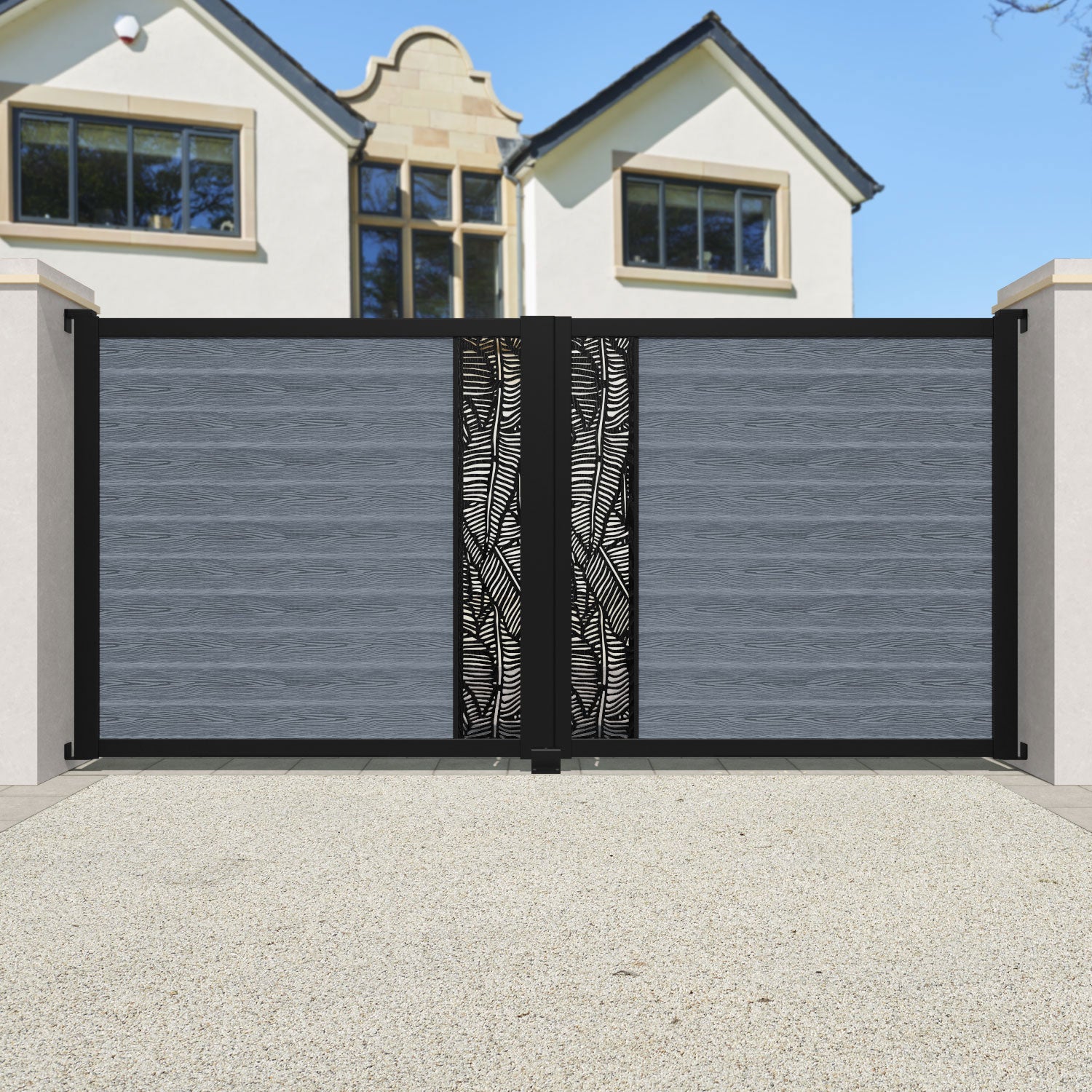 Classic Feather Straight Top Driveway Gate - Anthracite Finish with Middle Screen | Durable Wrought Iron Security Gate for Home & Garden Entrance Protection
