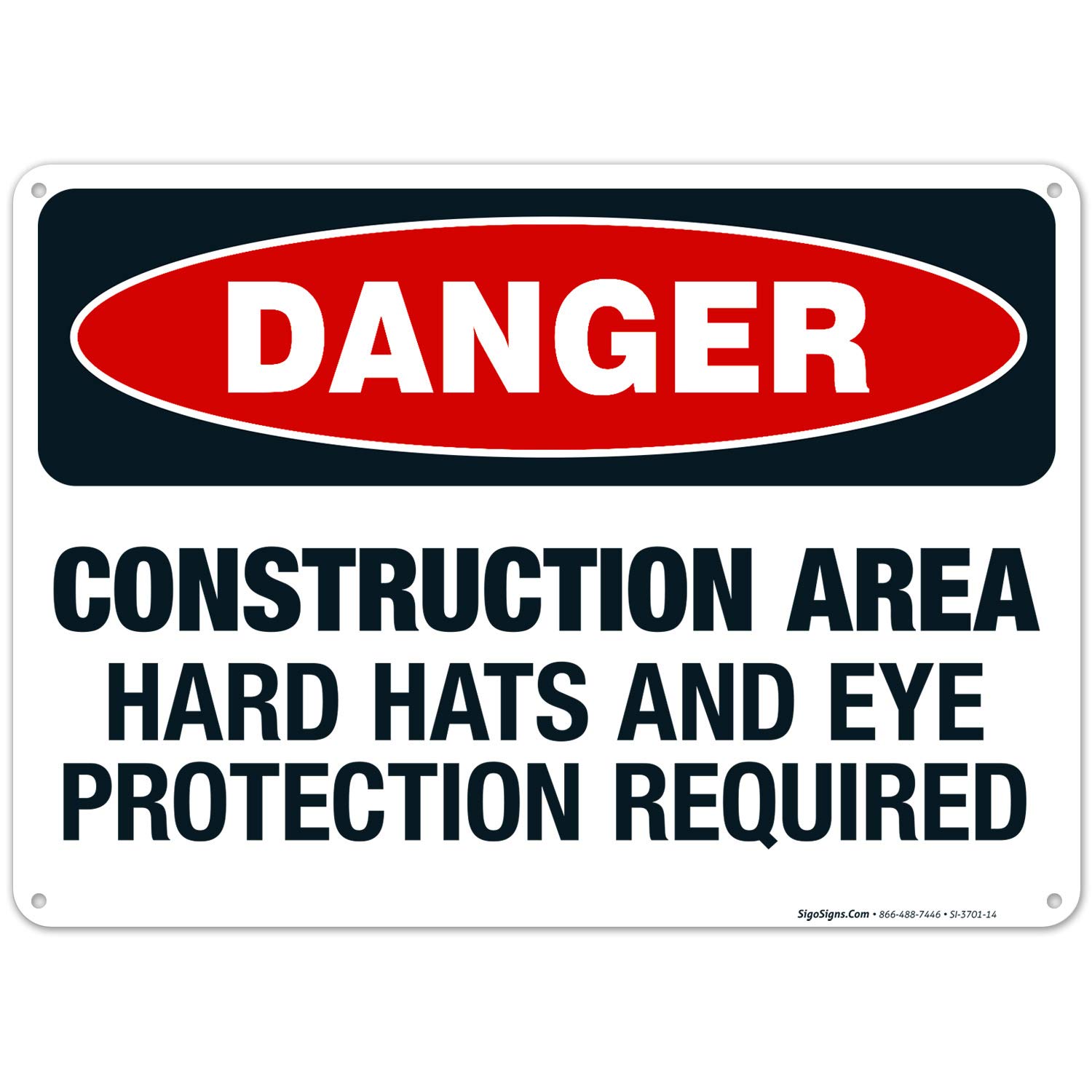 OSHA Approved Construction Safety Sign - Hard Hats & Eye Protection Required, 10x14 Inch Aluminum Danger Sign for Work Zones | Weatherproof, Rust-Free .040 Aluminum, Fade Resistant | Perfect for Construction Sites, Factories & Outdoor Work Areas | Made in USA