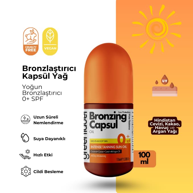 Natural Bronzing Capsule Oil with Carrot, Cocoa & Coconut Oil - 100ml for Sunless Tanning & Glowing Skin | Perfect for Face & Body Care, Summer Glow, Self-Tanning Routine