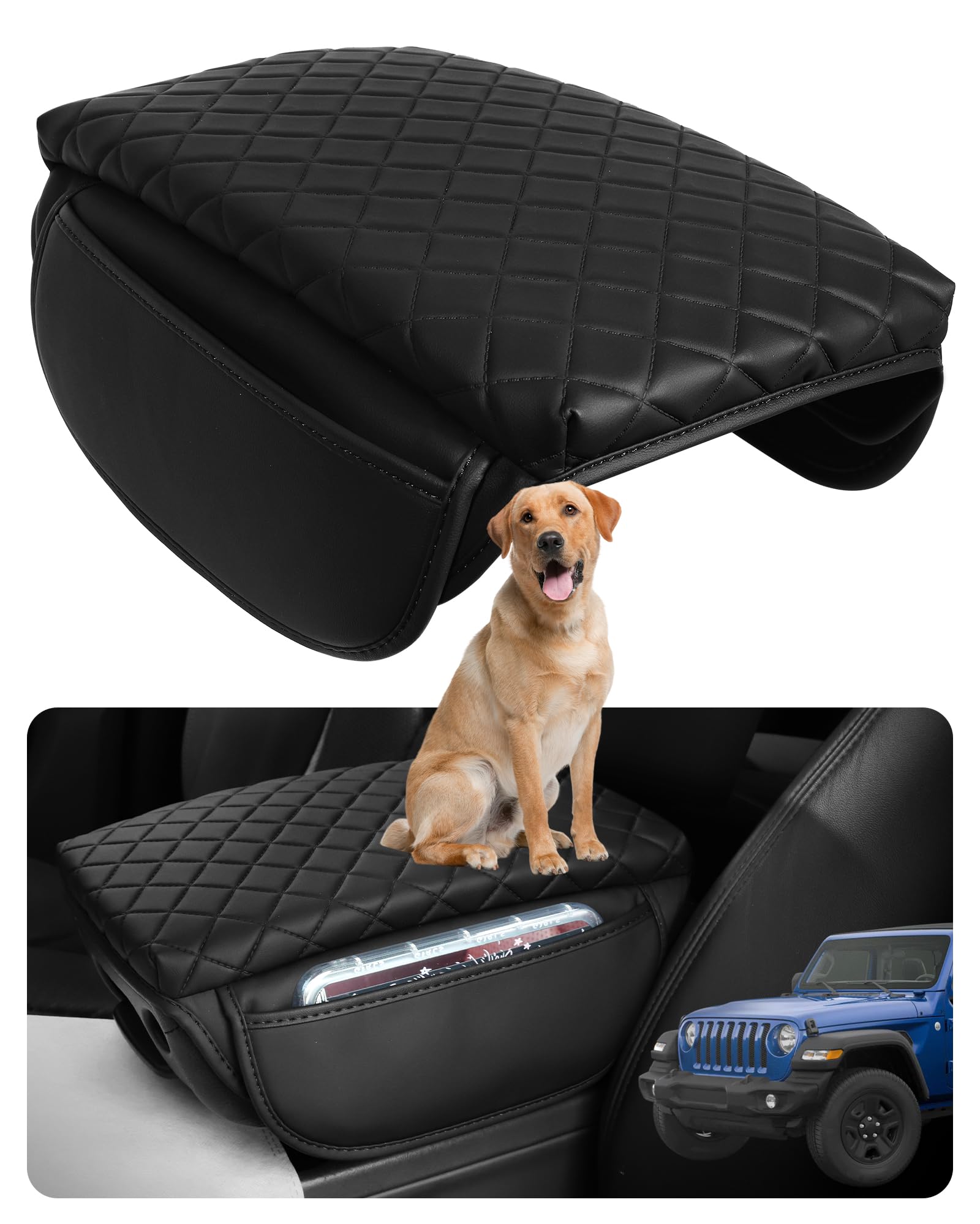 Premium Leather Console Cover for Jeep Wrangler JL/JLU & Gladiator JT (2018-2025) - Armrest Pad with Storage Pockets | Durable Center Console Protector for Comfort & Style | Perfect for Off-Roading, Daily Commutes & Adventure Trips