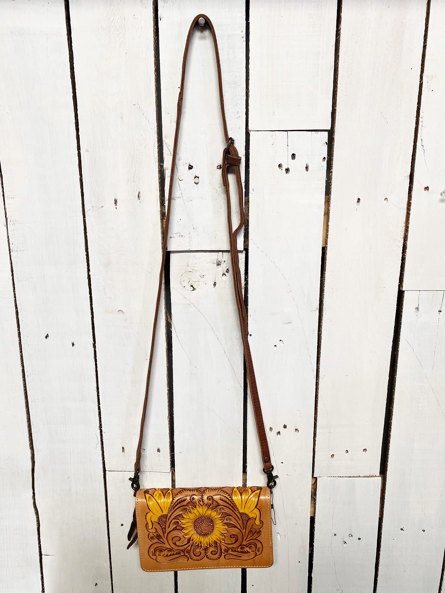 American Darling Women's Tooled Leather Sunflower Crossbody Clutch Purse - Brown Handbag for Casual Outings, Date Nights & Summer Festivals